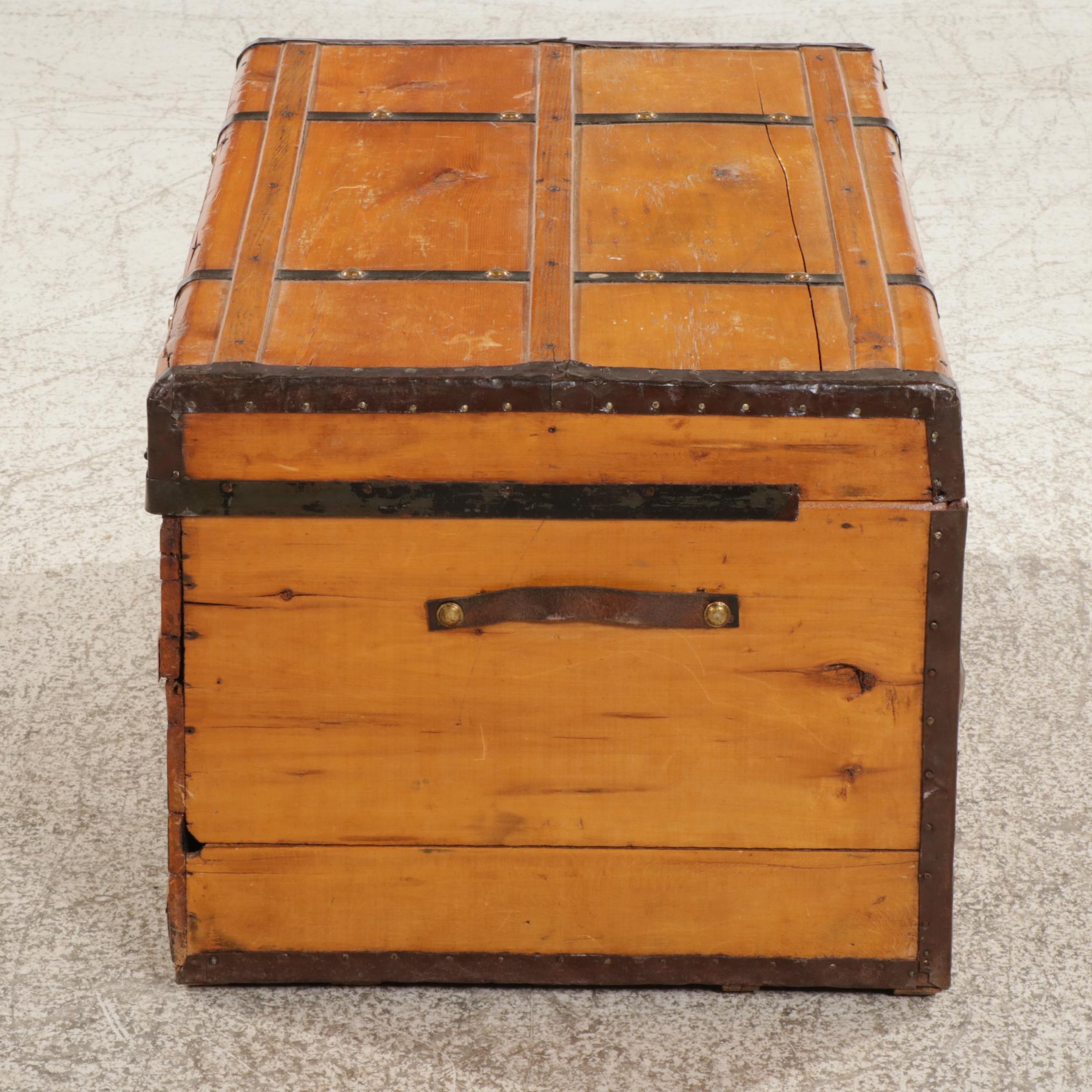 Metal-Banded Pine Travel Trunk, Early to Mid 20th Century