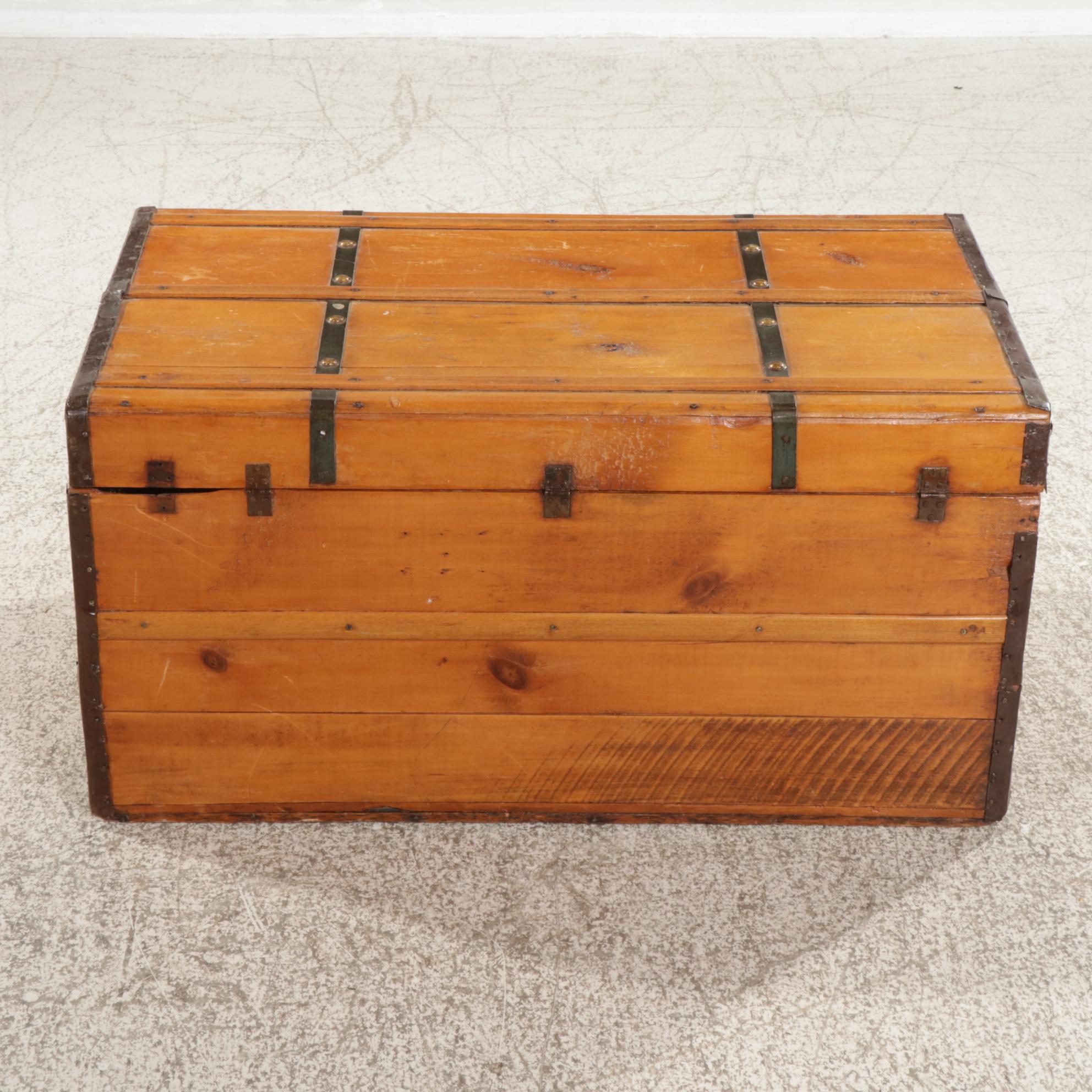 Metal-Banded Pine Travel Trunk, Early to Mid 20th Century