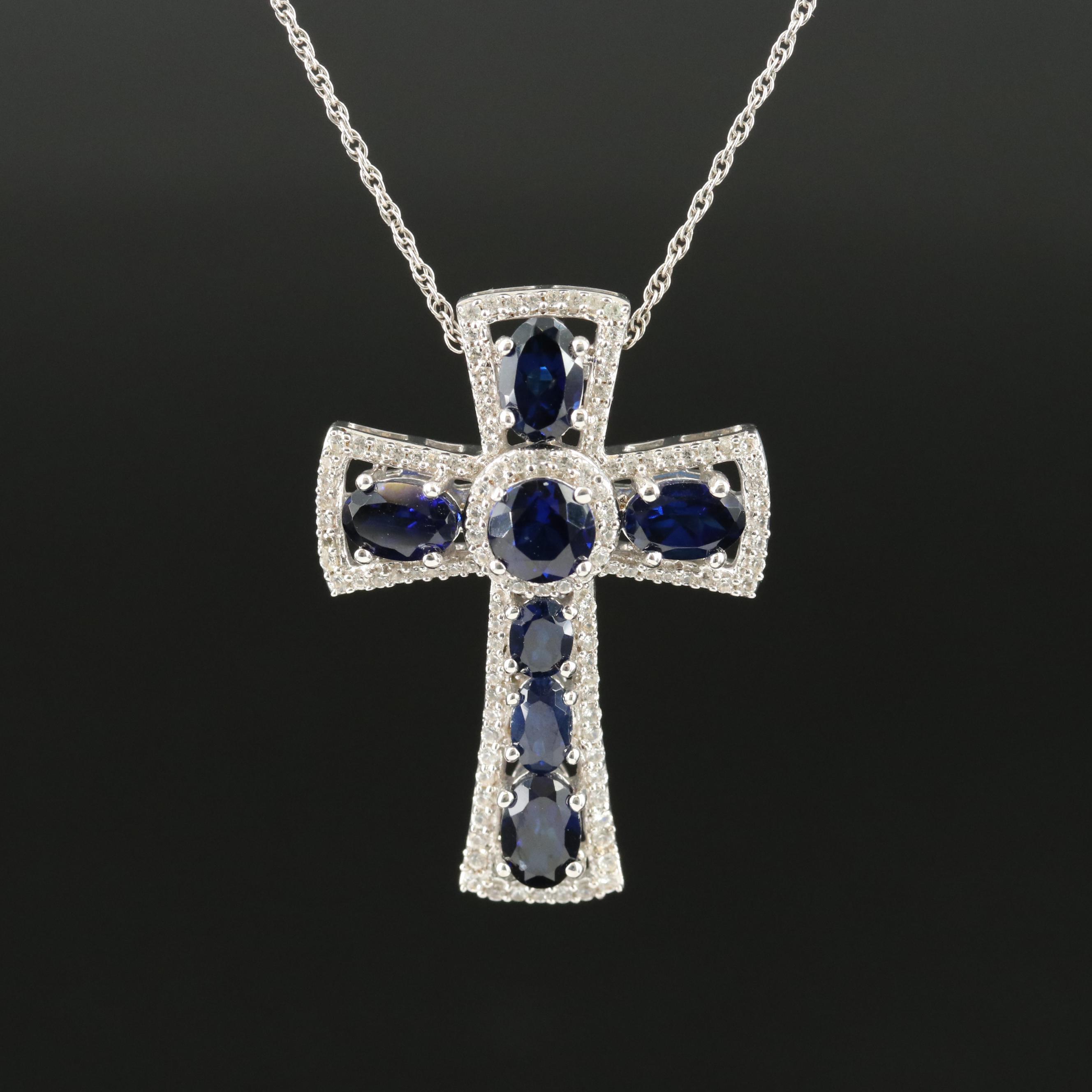 Sterling Sapphire Cross Pendant Necklace