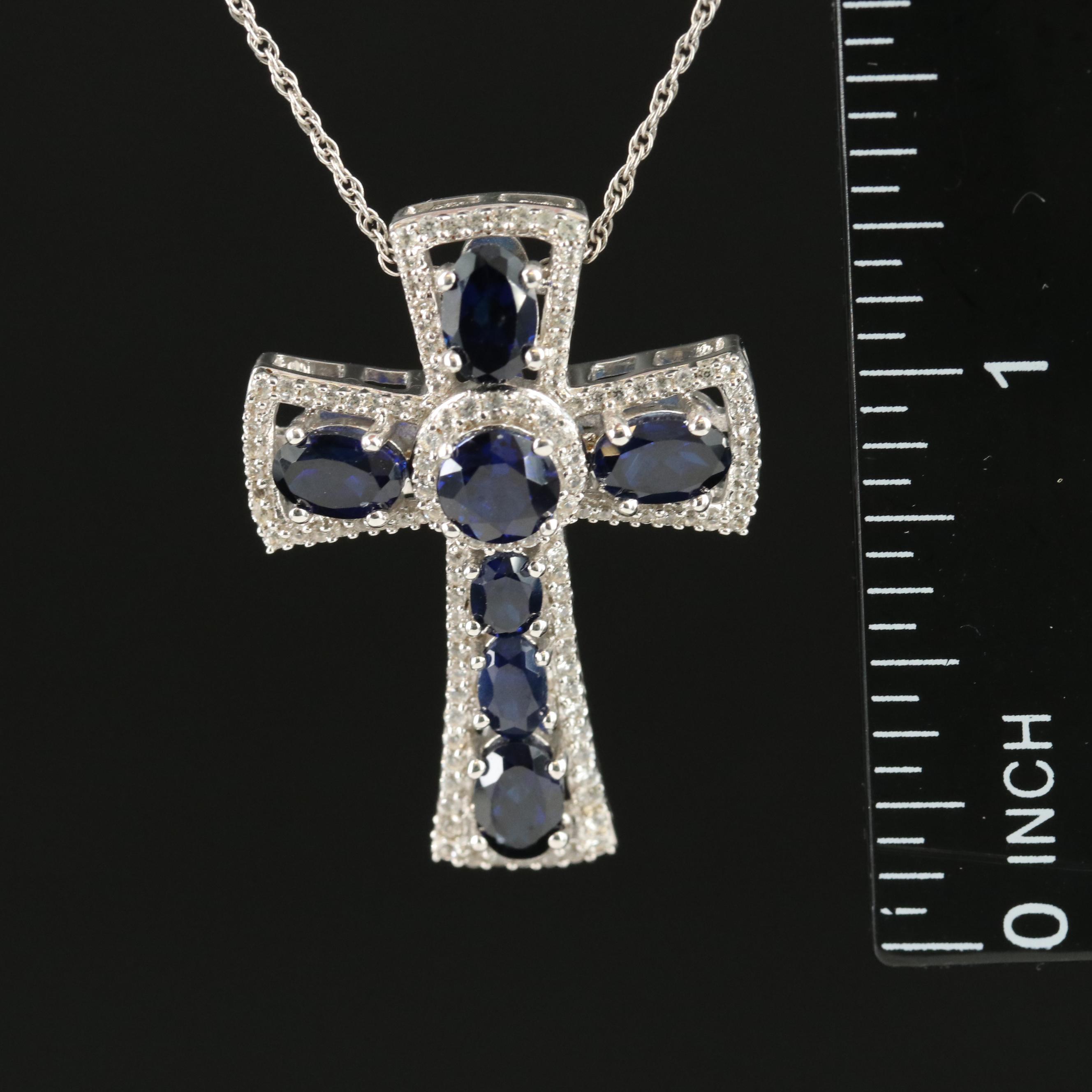 Sterling Sapphire Cross Pendant Necklace