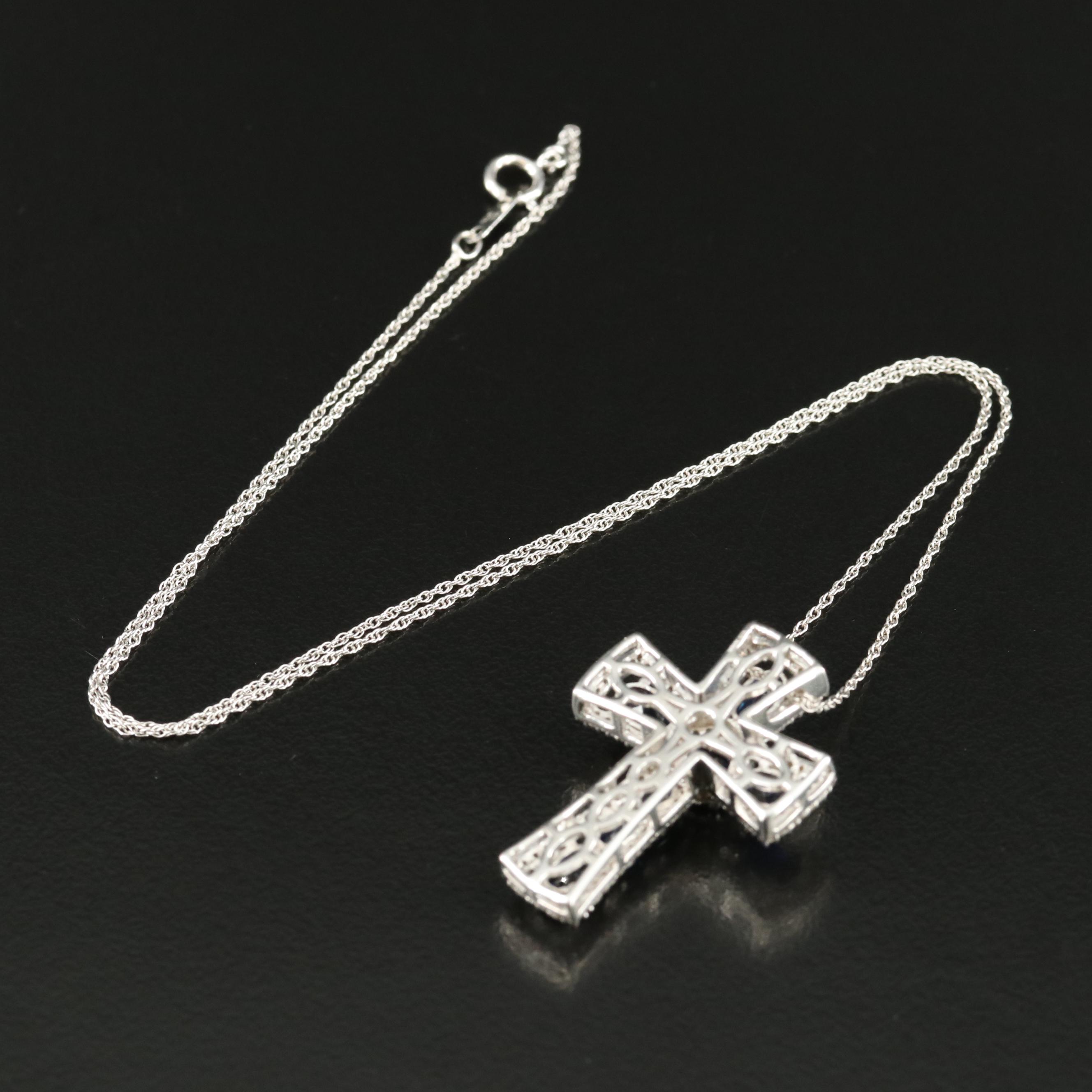 Sterling Sapphire Cross Pendant Necklace