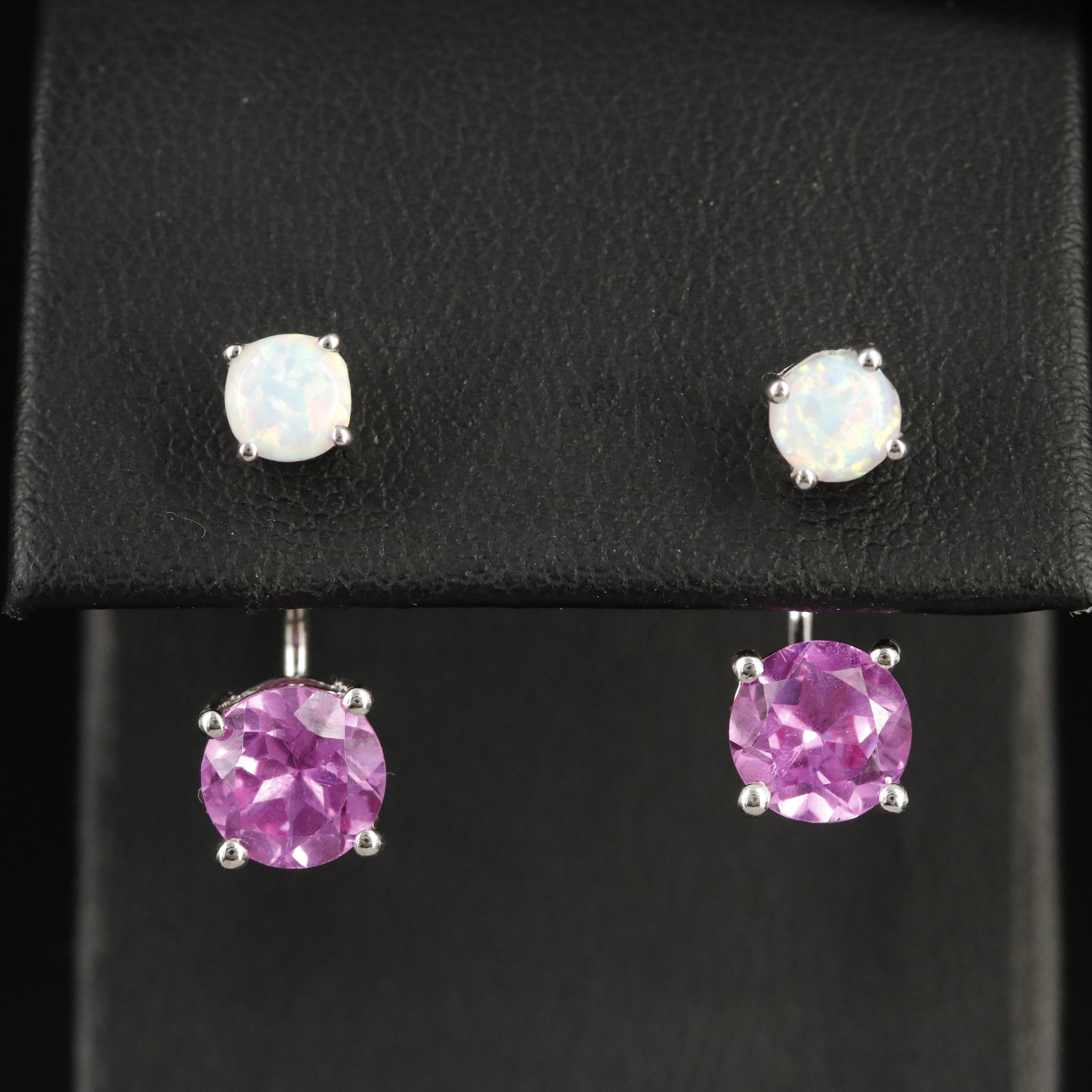 Opal Stud Earrings with Sterling Pink Sapphire Enhancers