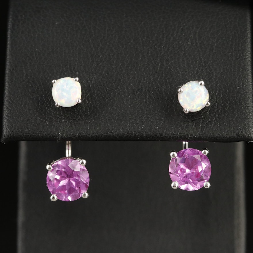 Opal Stud Earrings with Sterling Pink Sapphire Enhancers