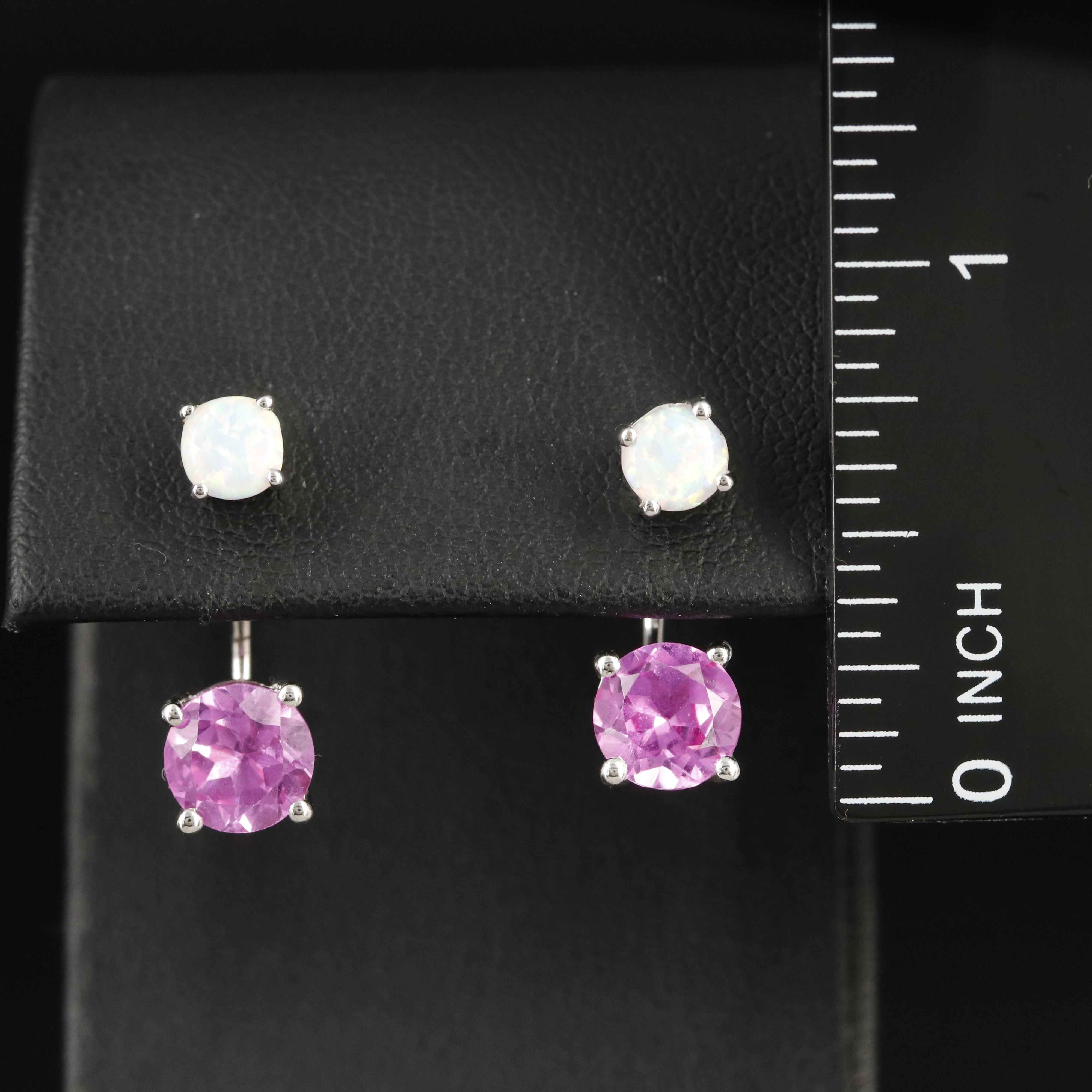 Opal Stud Earrings with Sterling Pink Sapphire Enhancers