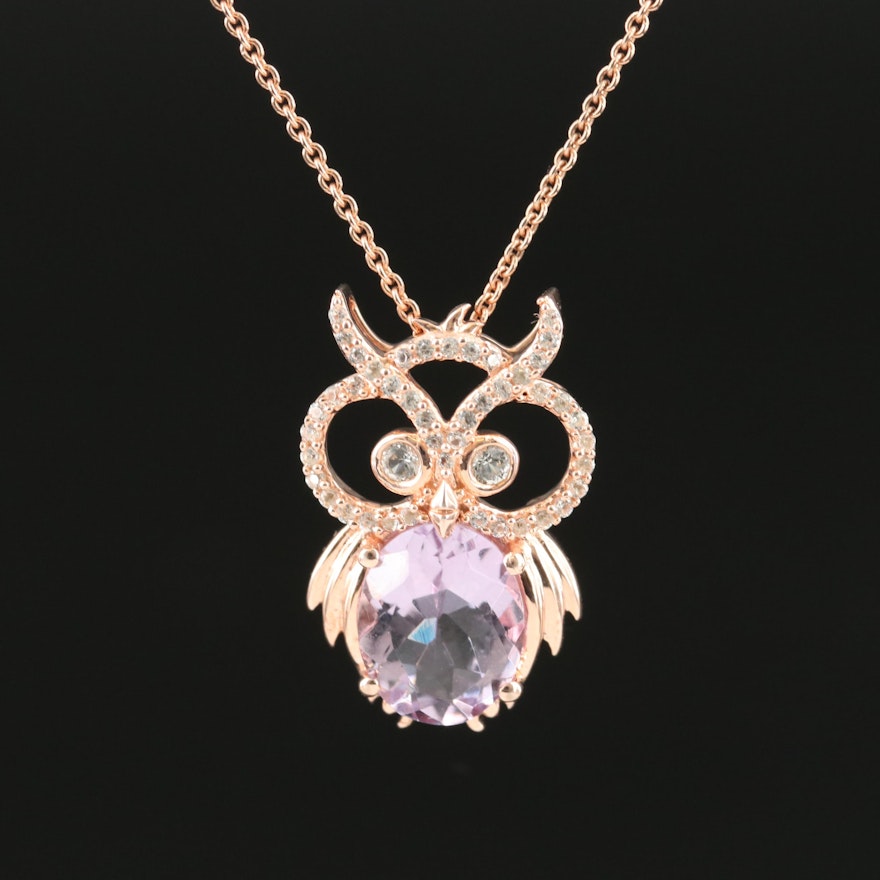 Sterling Amethyst and Sapphire Owl Pendant Necklace