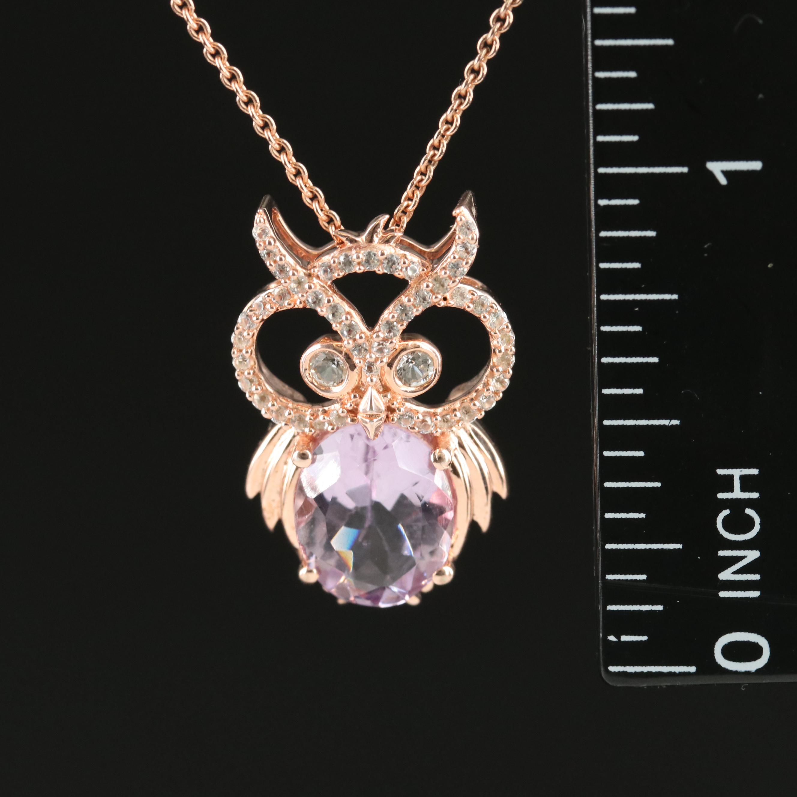 Sterling Amethyst and Sapphire Owl Pendant Necklace