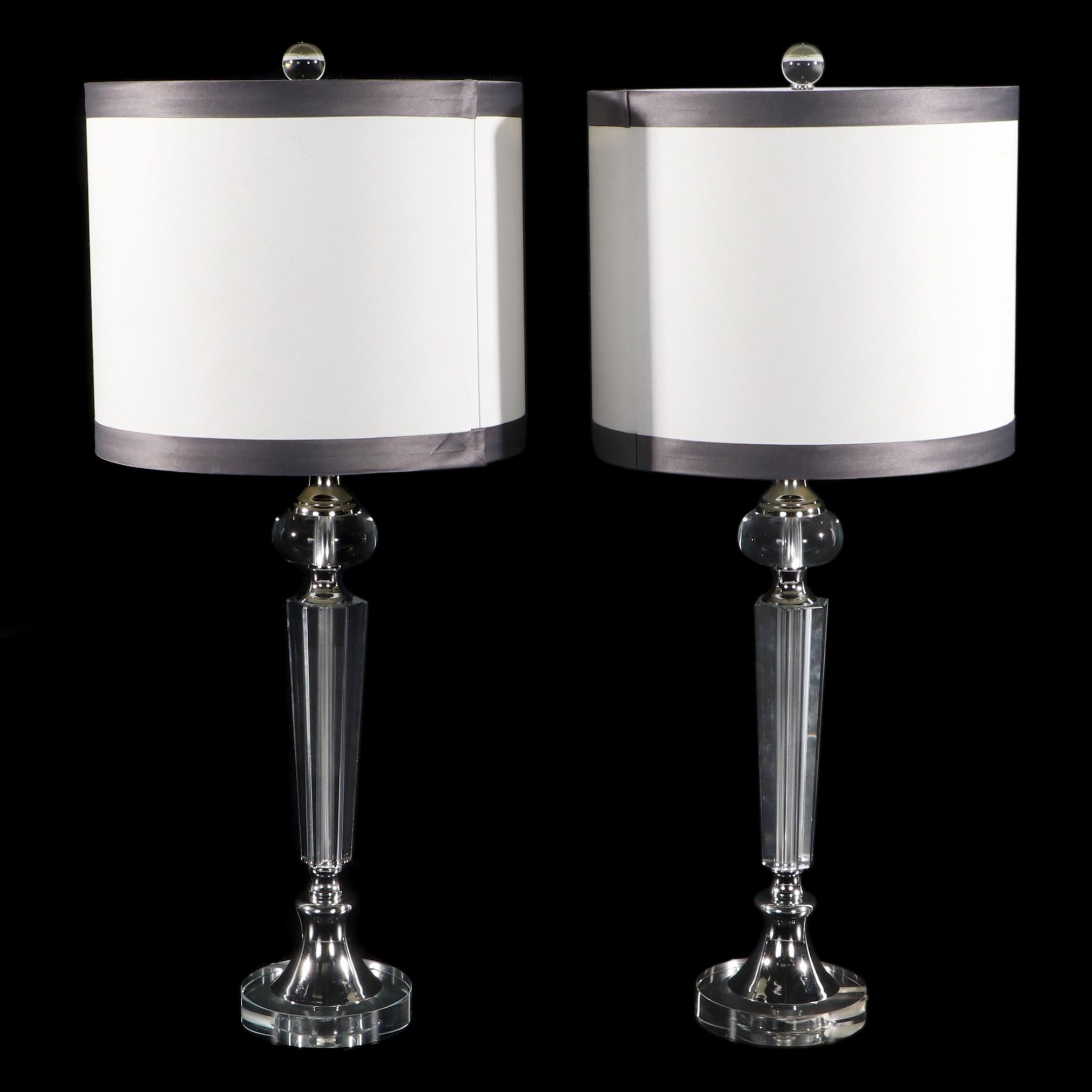 Pair of Glass and Chromed Metal Table Lamps With Tailored Shades