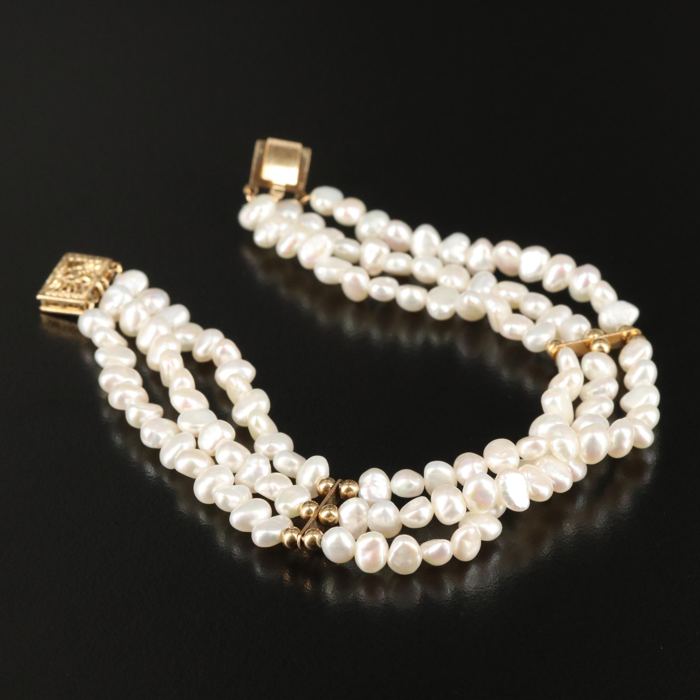 14K Triple Strand Pearl Bracelet