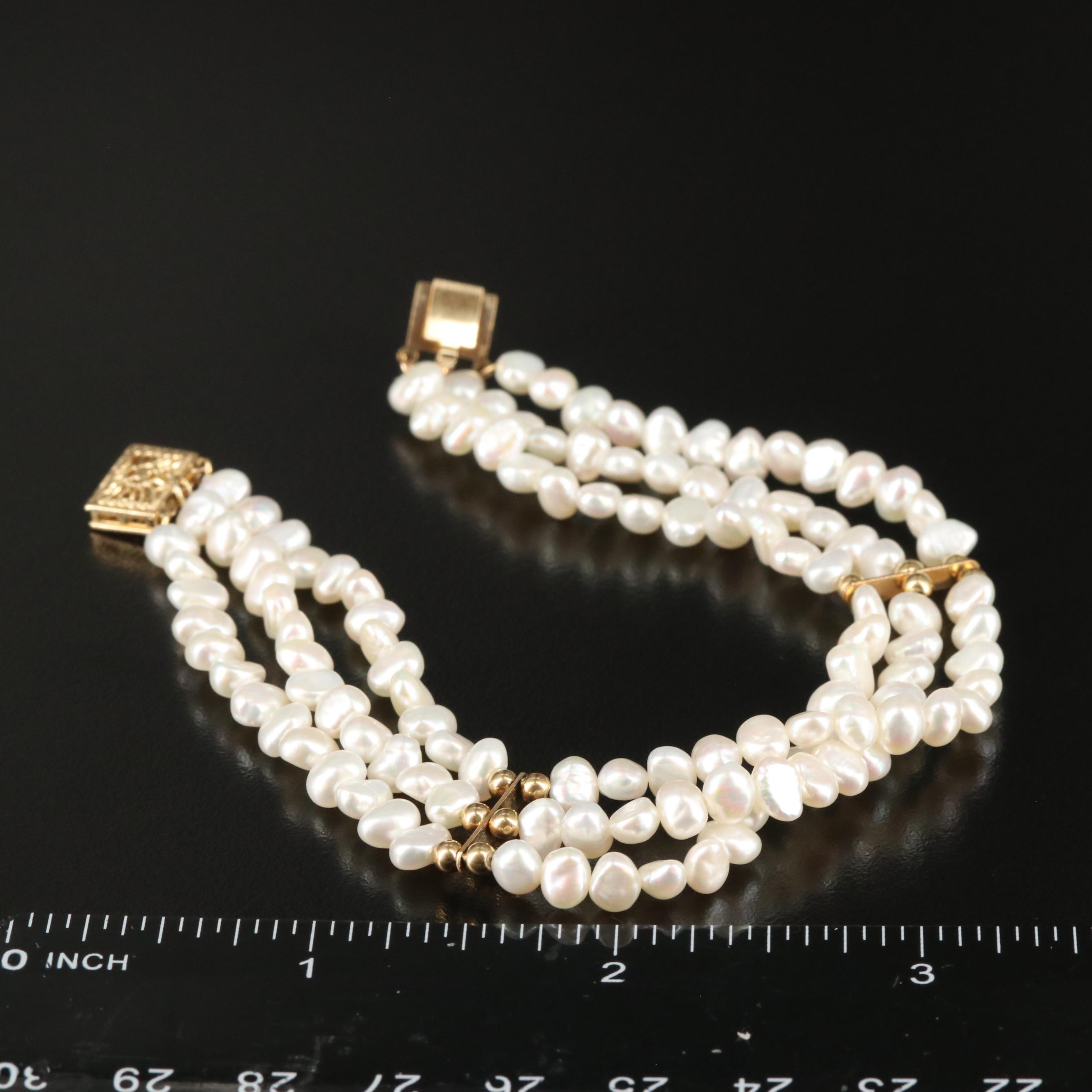 14K Triple Strand Pearl Bracelet