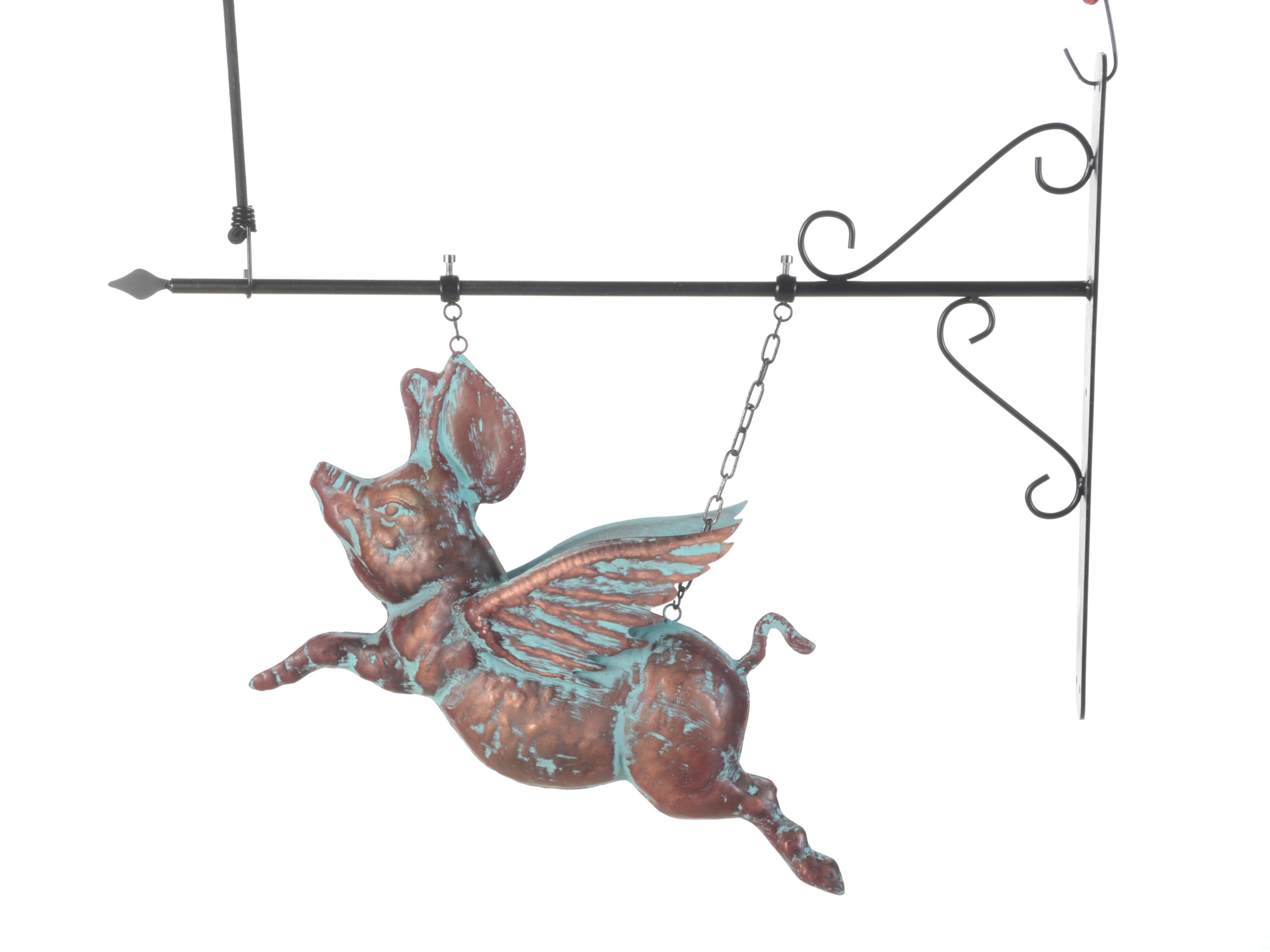 Patinated Copper Wall-Mount Hanging Flying Pig Sign
