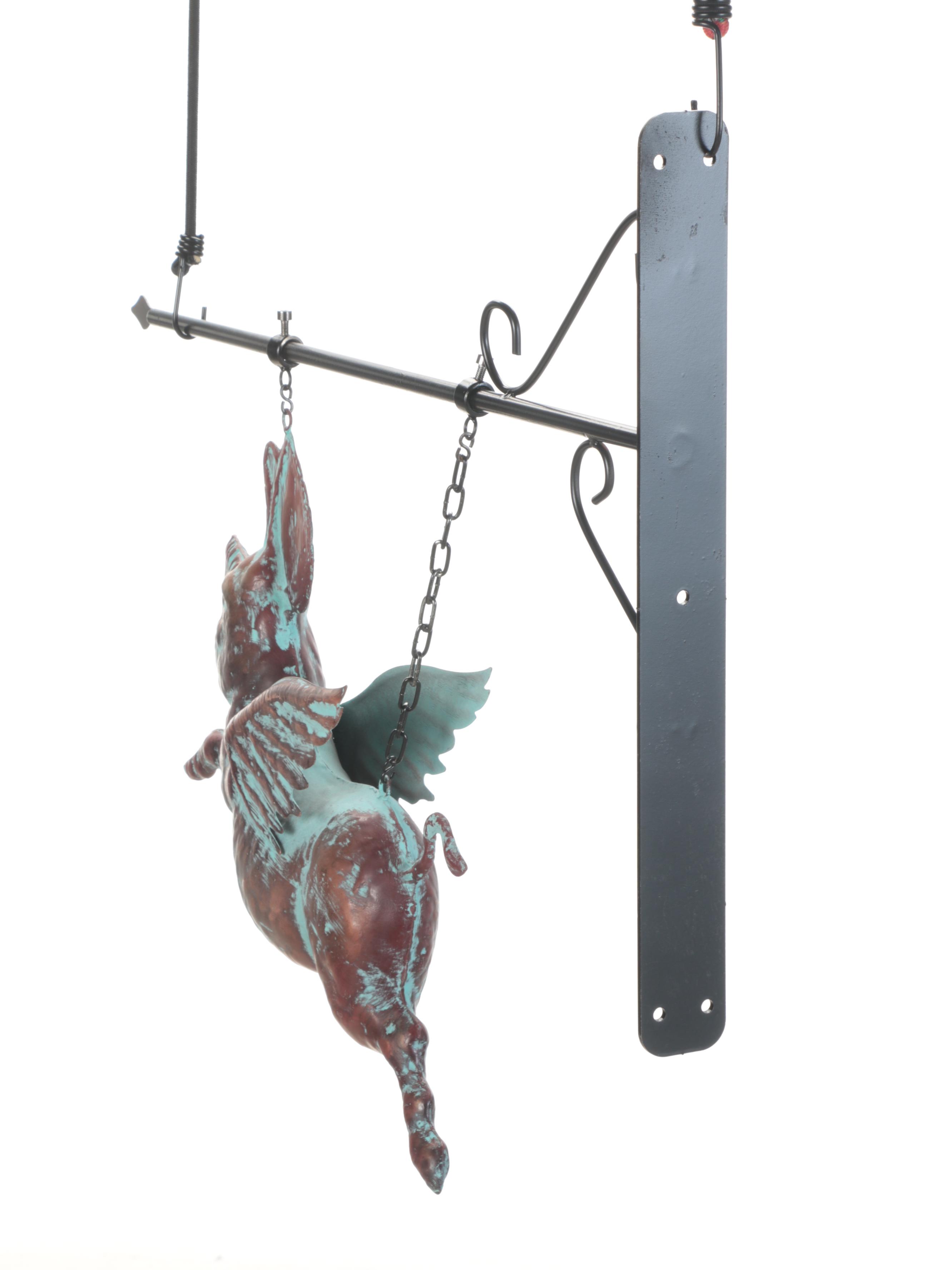 Patinated Copper Wall-Mount Hanging Flying Pig Sign