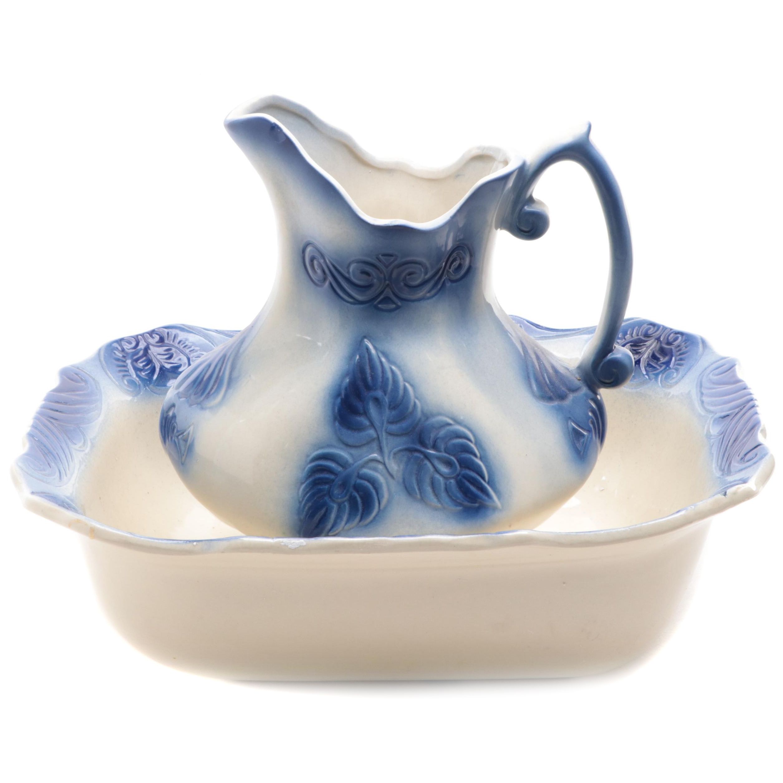 McCoy Pottery Pitcher with Flow Blue Earthenware Square Basin, Mid-20th Century