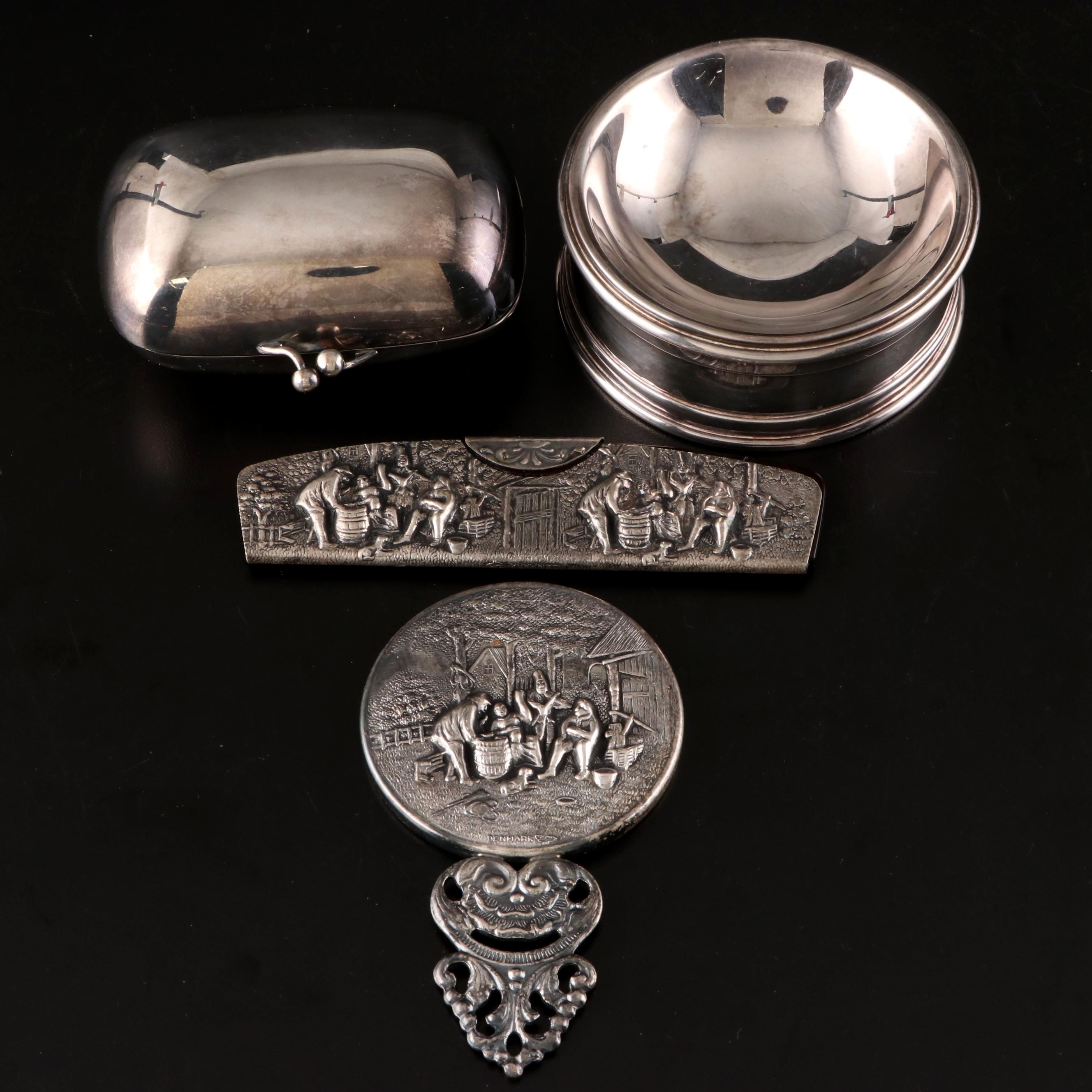 Hans Jensen Repoussé Silver Plate Comb and Mirror with Silver Box and Bowl