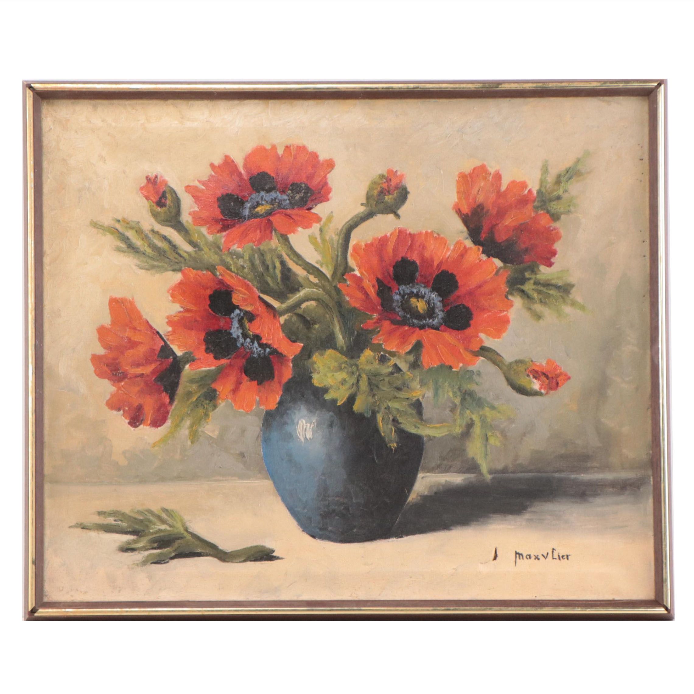 Max V. Lier Floral Still Life Oil Painting of Poppies