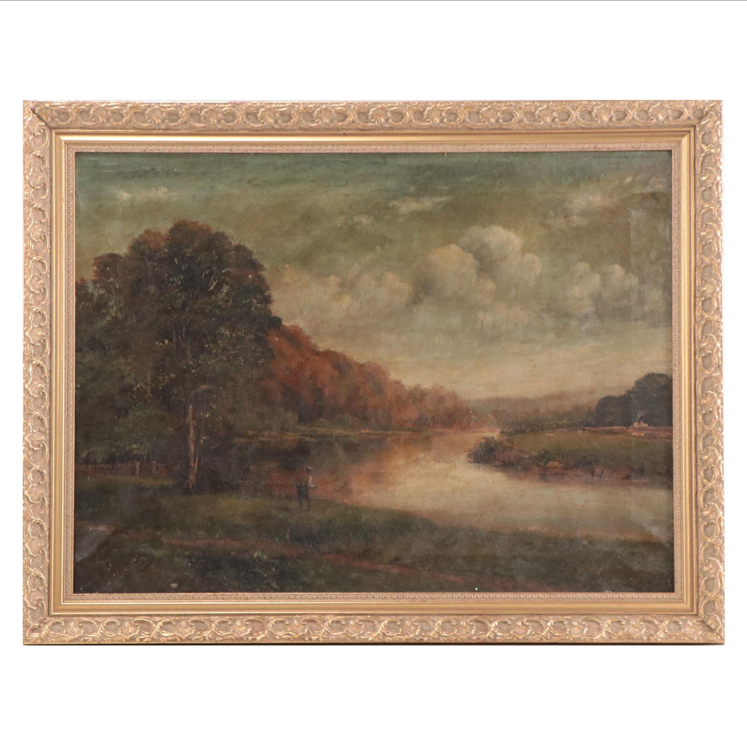 Romantic River Landscape Oil Painting, Circa 1900