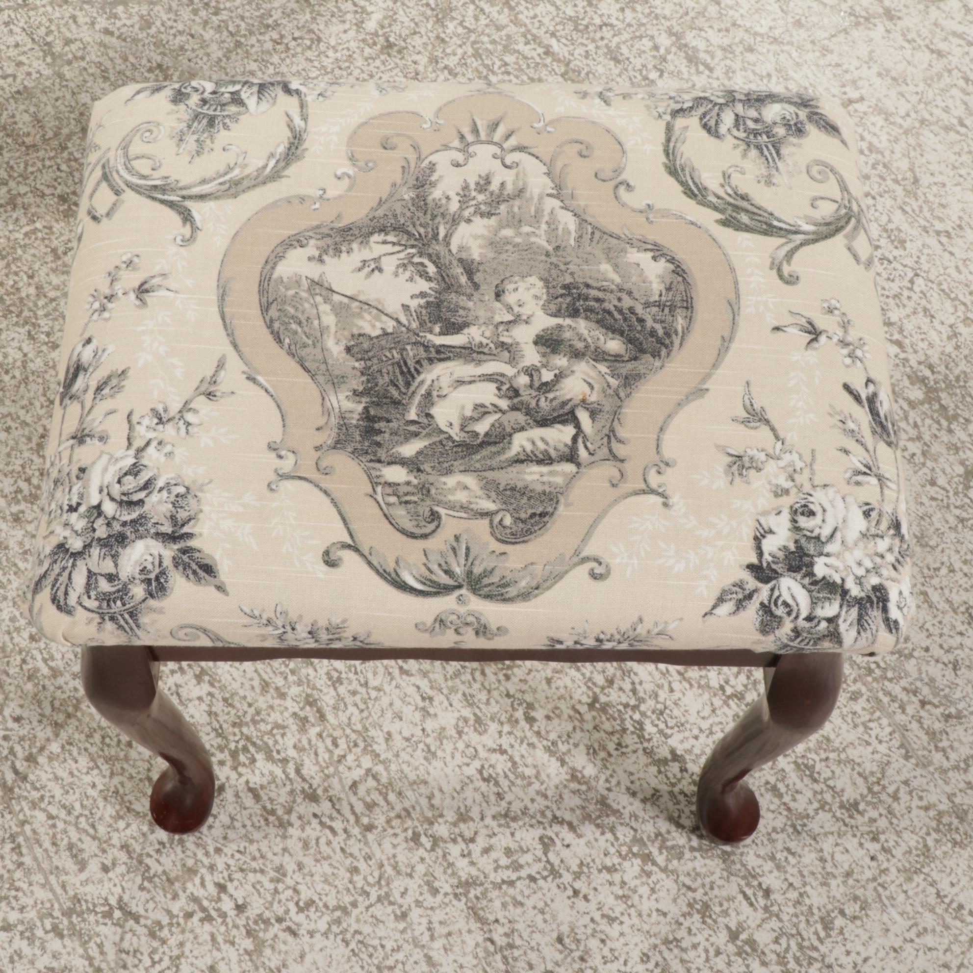 French Provincial Style Fruitwood and Glass Top Coffee Table with Footstool