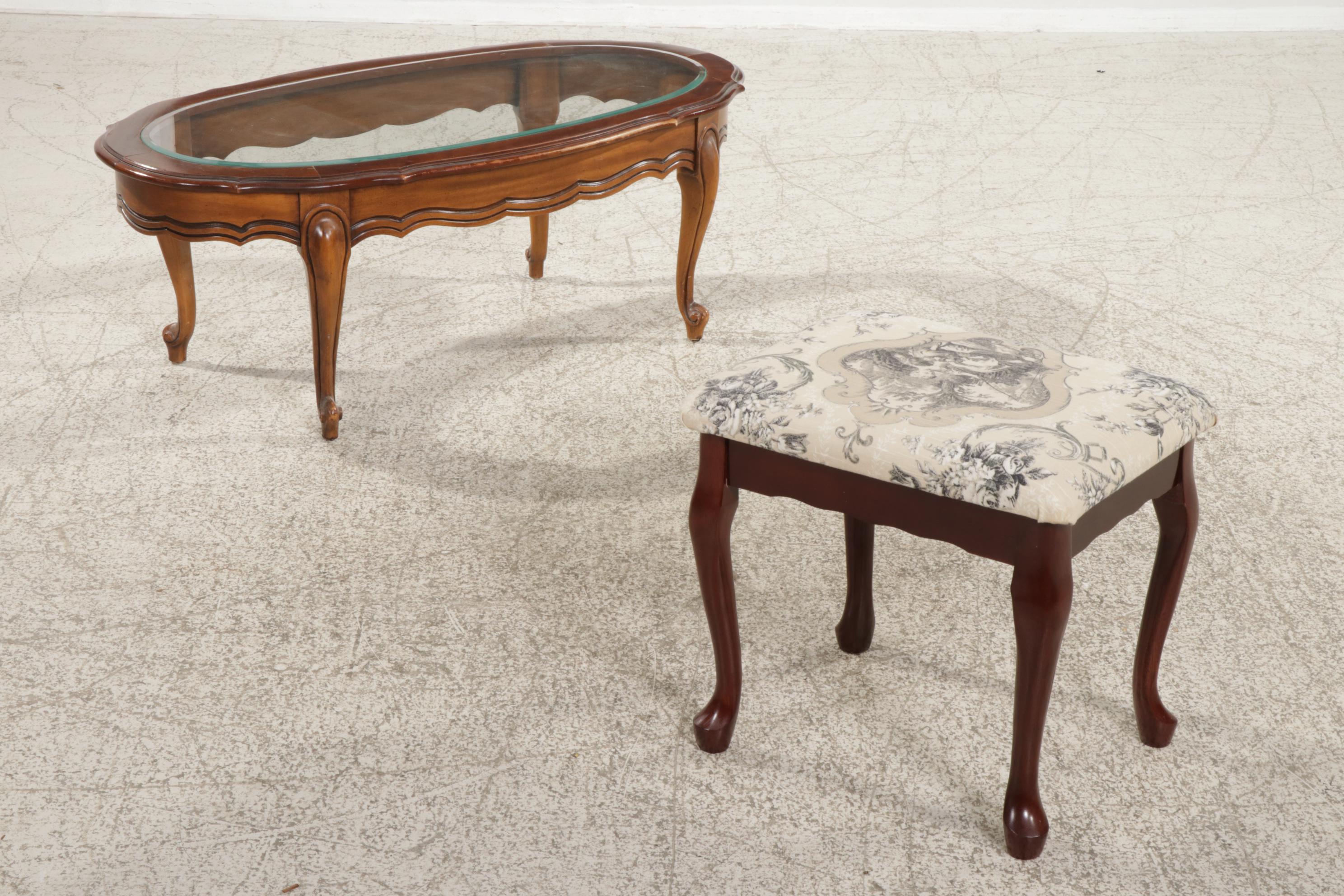 French Provincial Style Fruitwood and Glass Top Coffee Table with Footstool