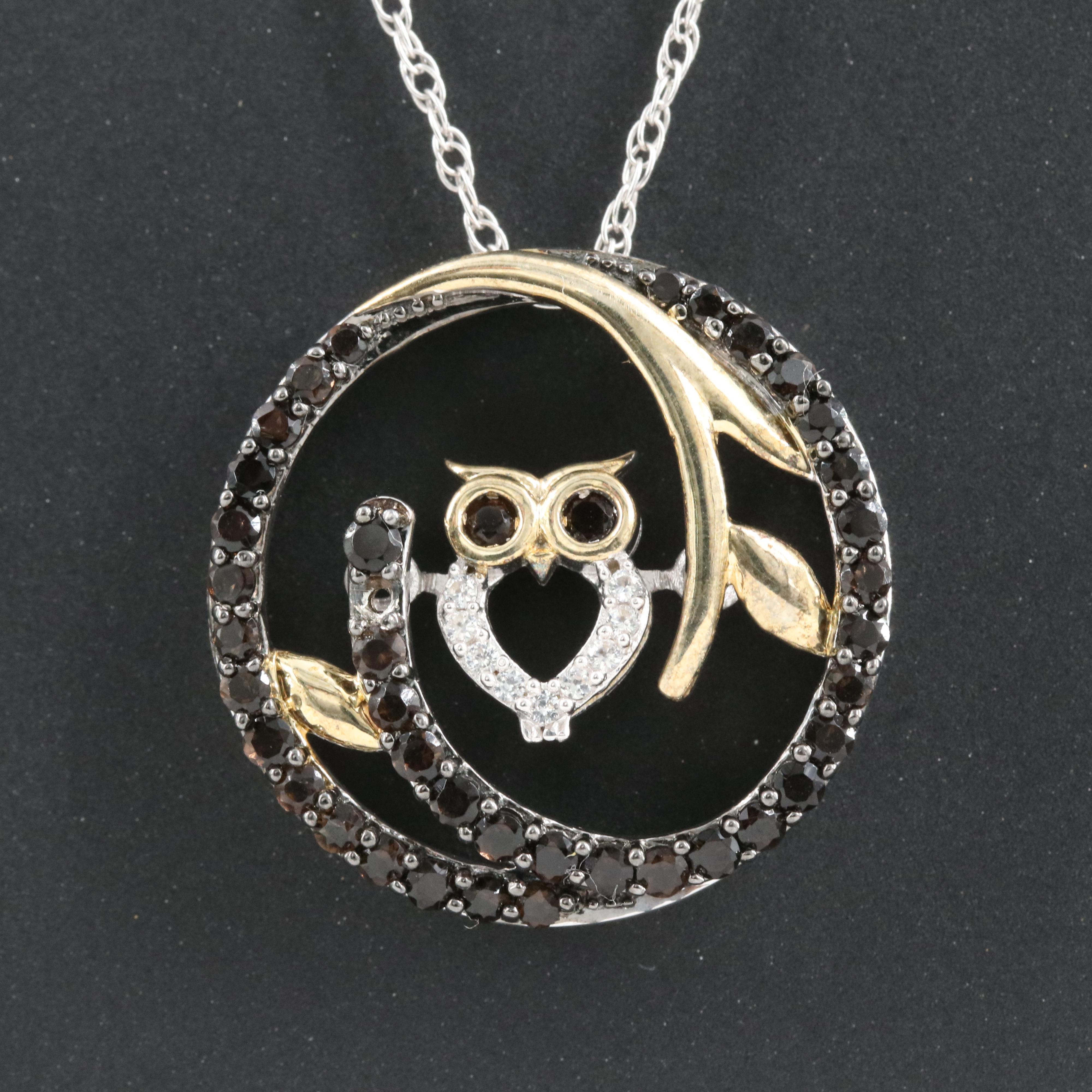 Sterling Smoky Quartz and Sapphire Owl Tremble Pendant Necklace