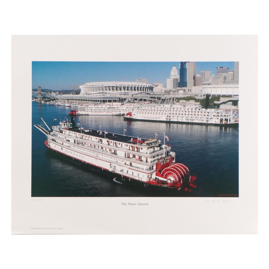 M. Keith Dykes Cincinnati Ohio River Scene Offset Lithograph "The Three Queens"