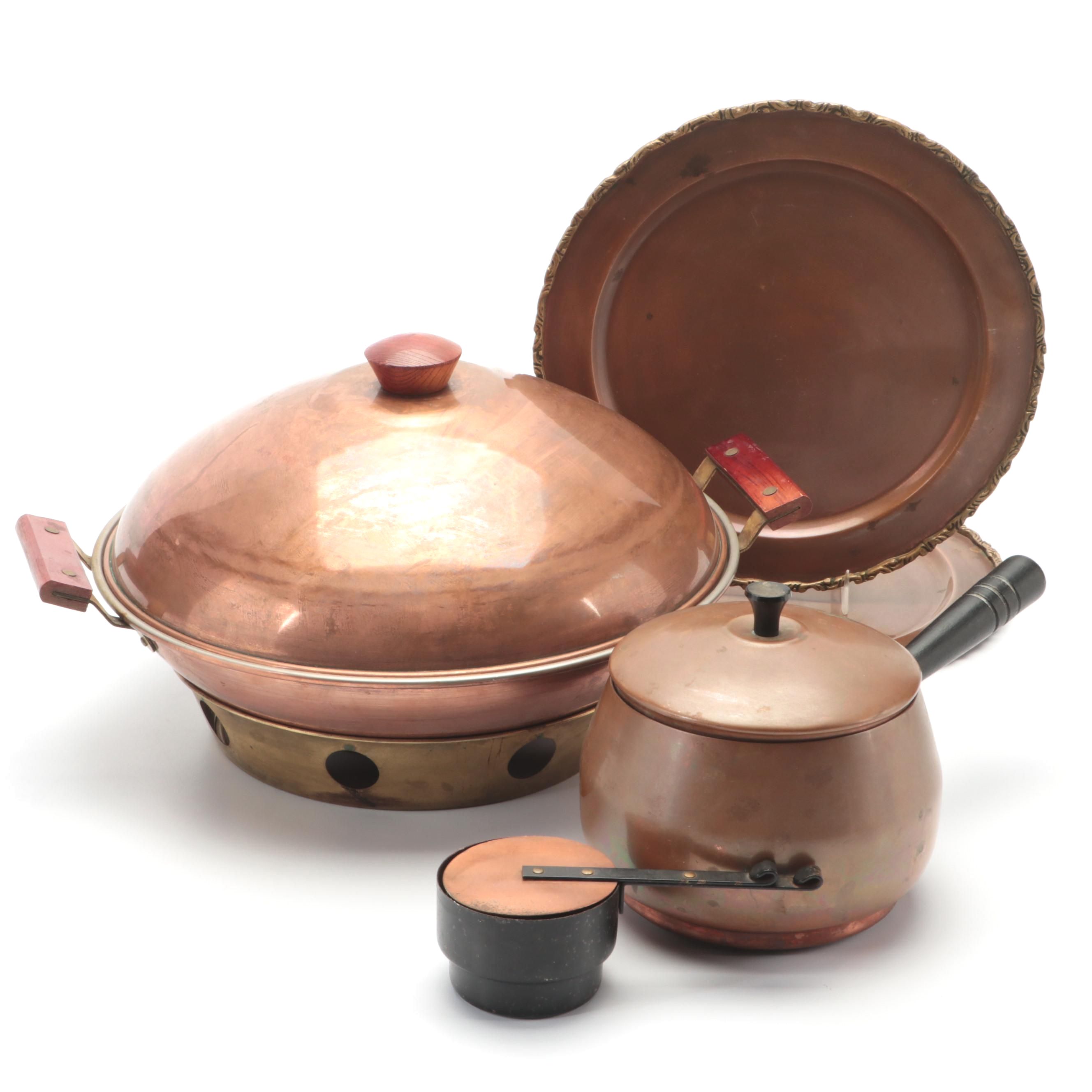 Copper Fondue Pot with Other Tableware, Mid to Late 20th Century