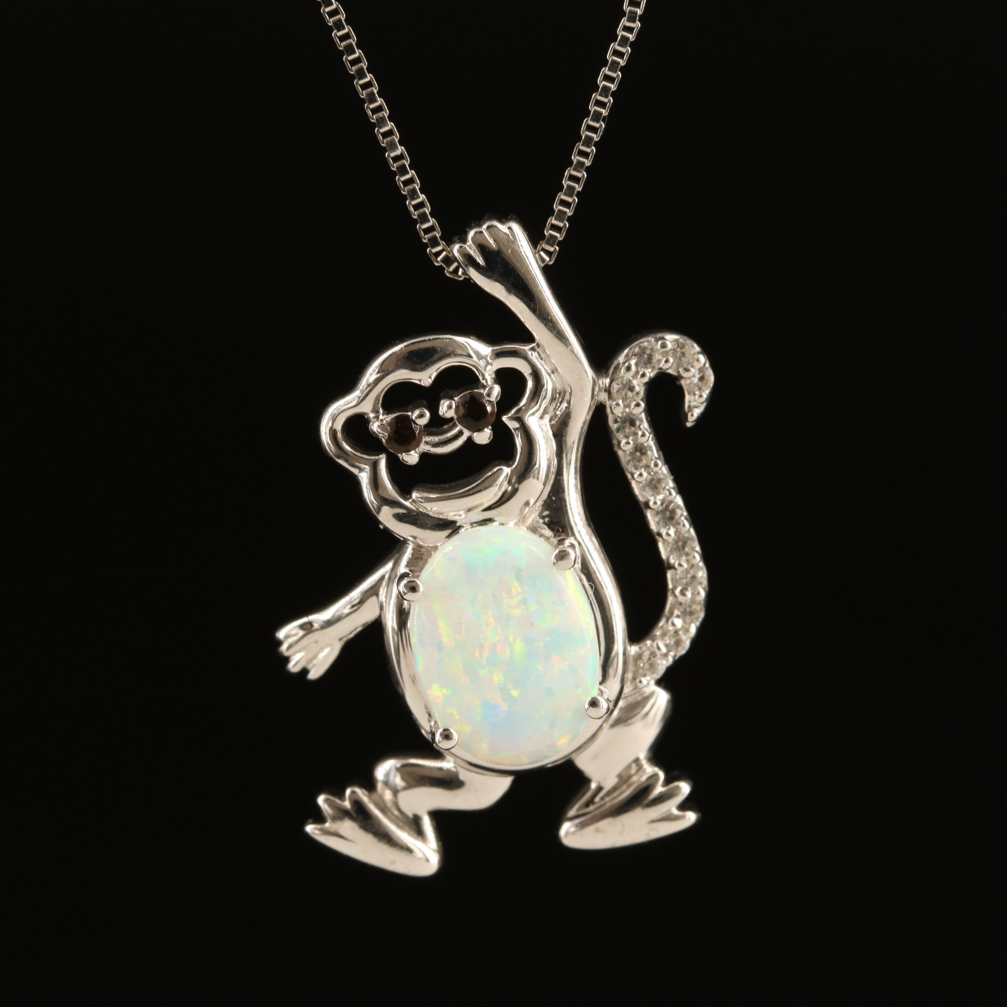 Sterling Opal, Sapphire and Smoky Quartz Monkey Pendant Necklace