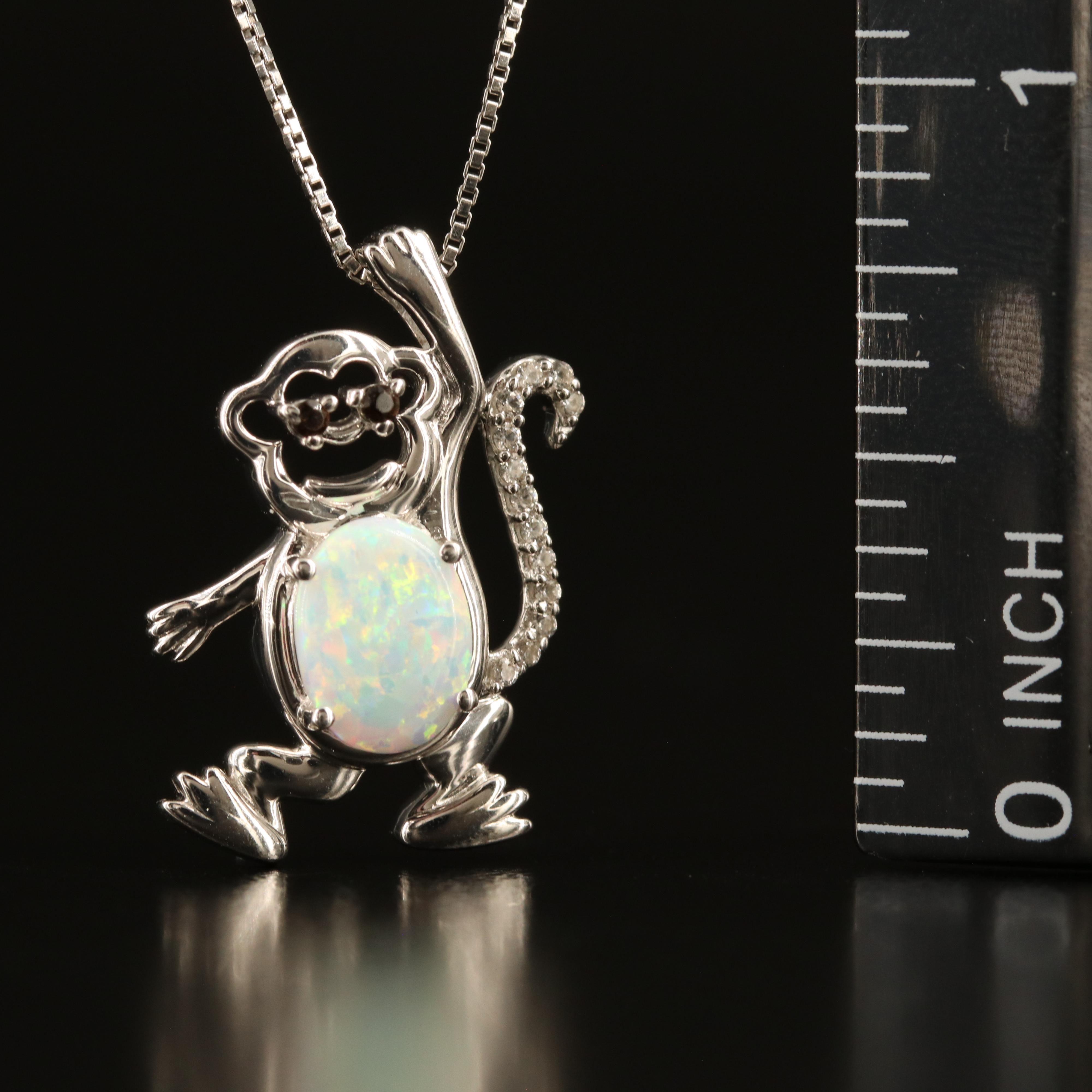 Sterling Opal, Sapphire and Smoky Quartz Monkey Pendant Necklace