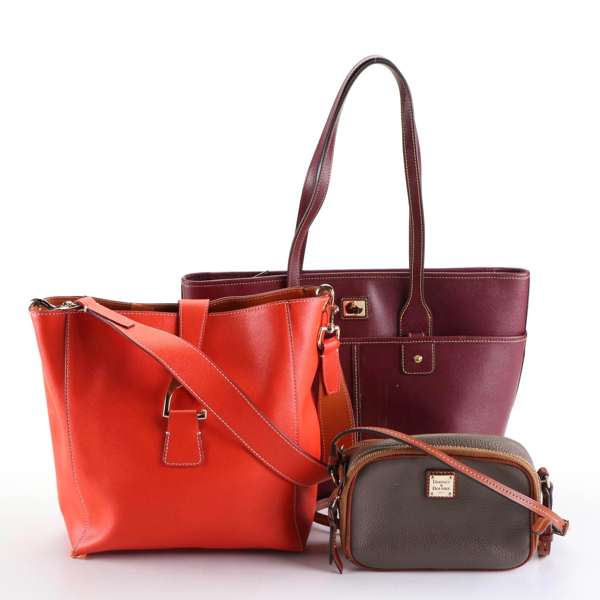 Dooney & Bourke Gray Crossbody, Burgundy Tote, & Orange Shoulder Bag in Leather