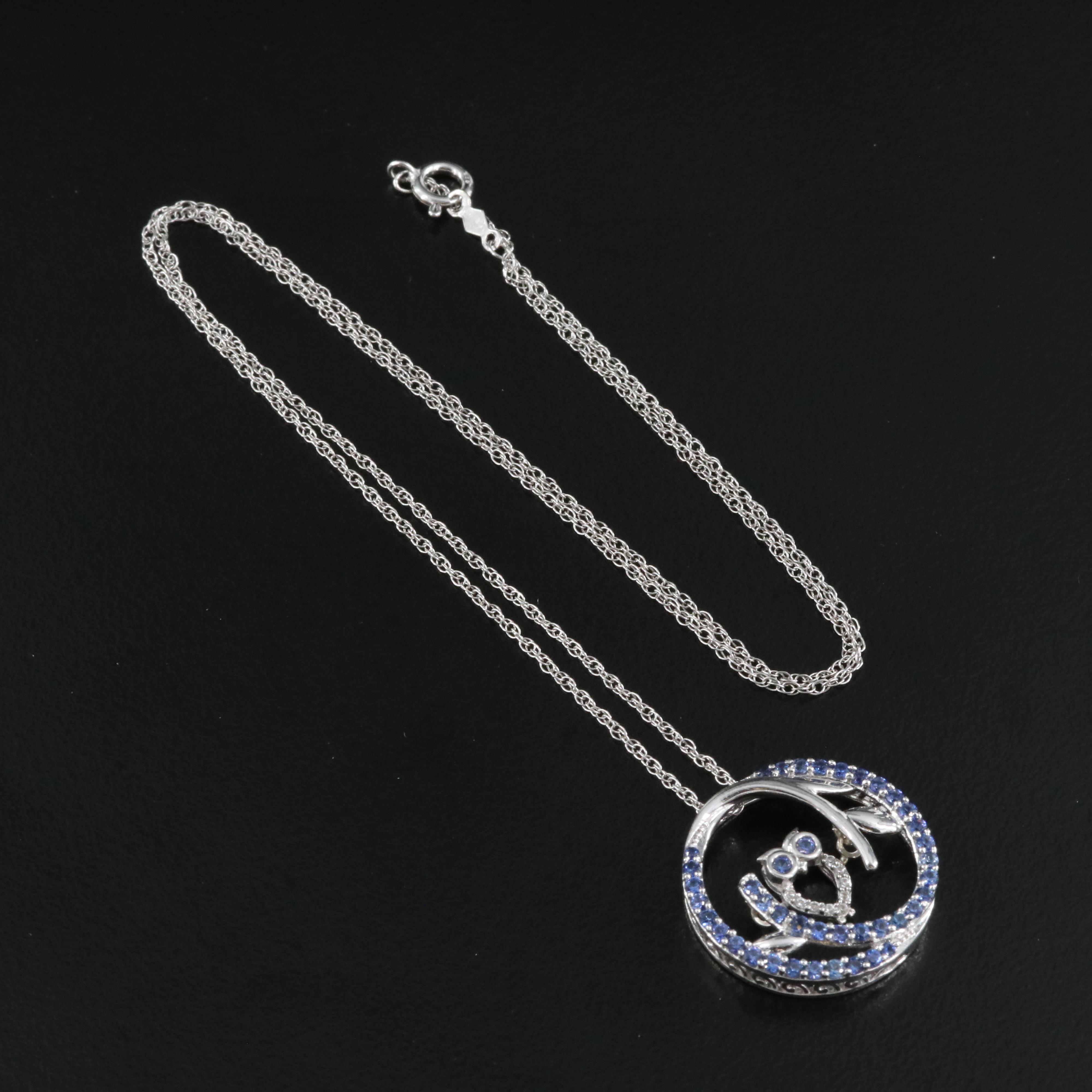 Sterling Sapphire Owl Tremble Pendant Necklace