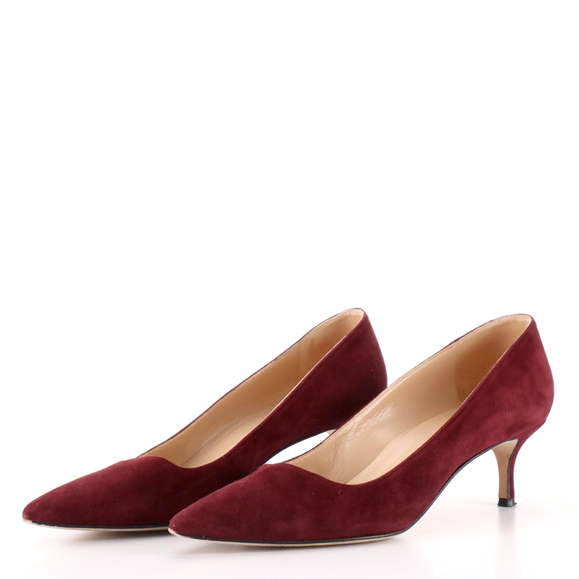 Manolo Blahnik Pointed Toe Kitten Heel Pumps in Bordeaux Suede with Box