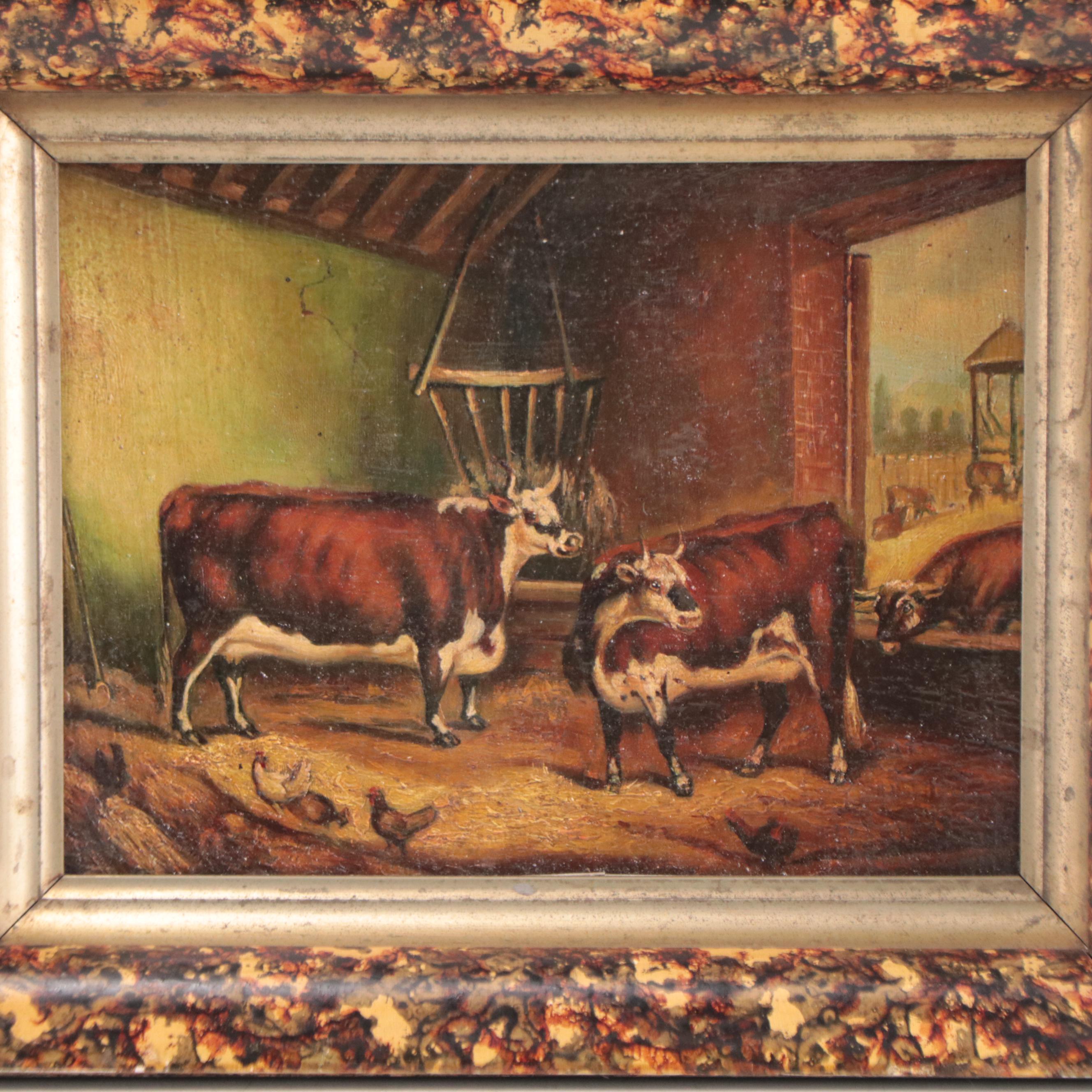 Oil Painting of Cows In Barn