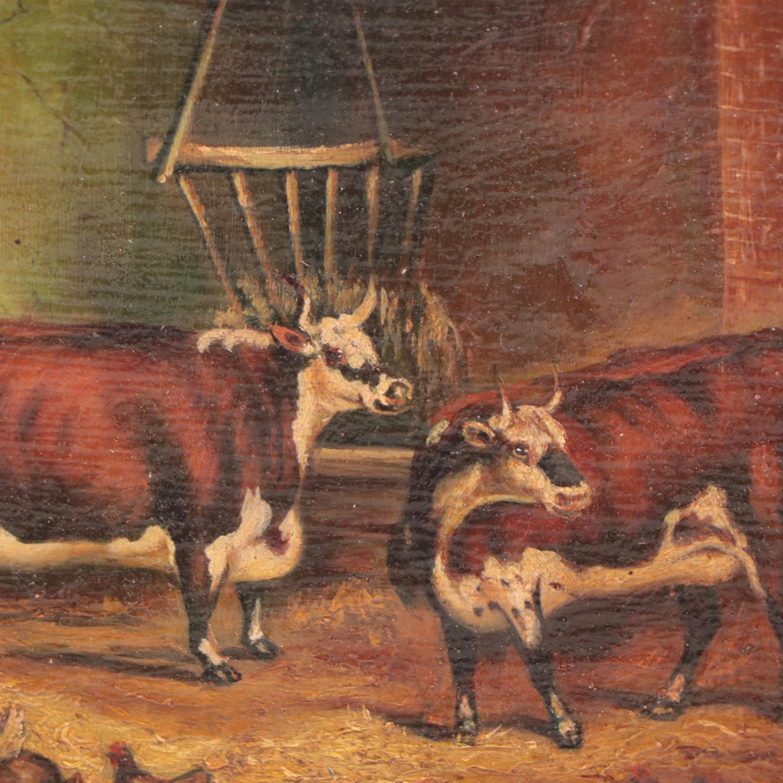 Oil Painting of Cows In Barn