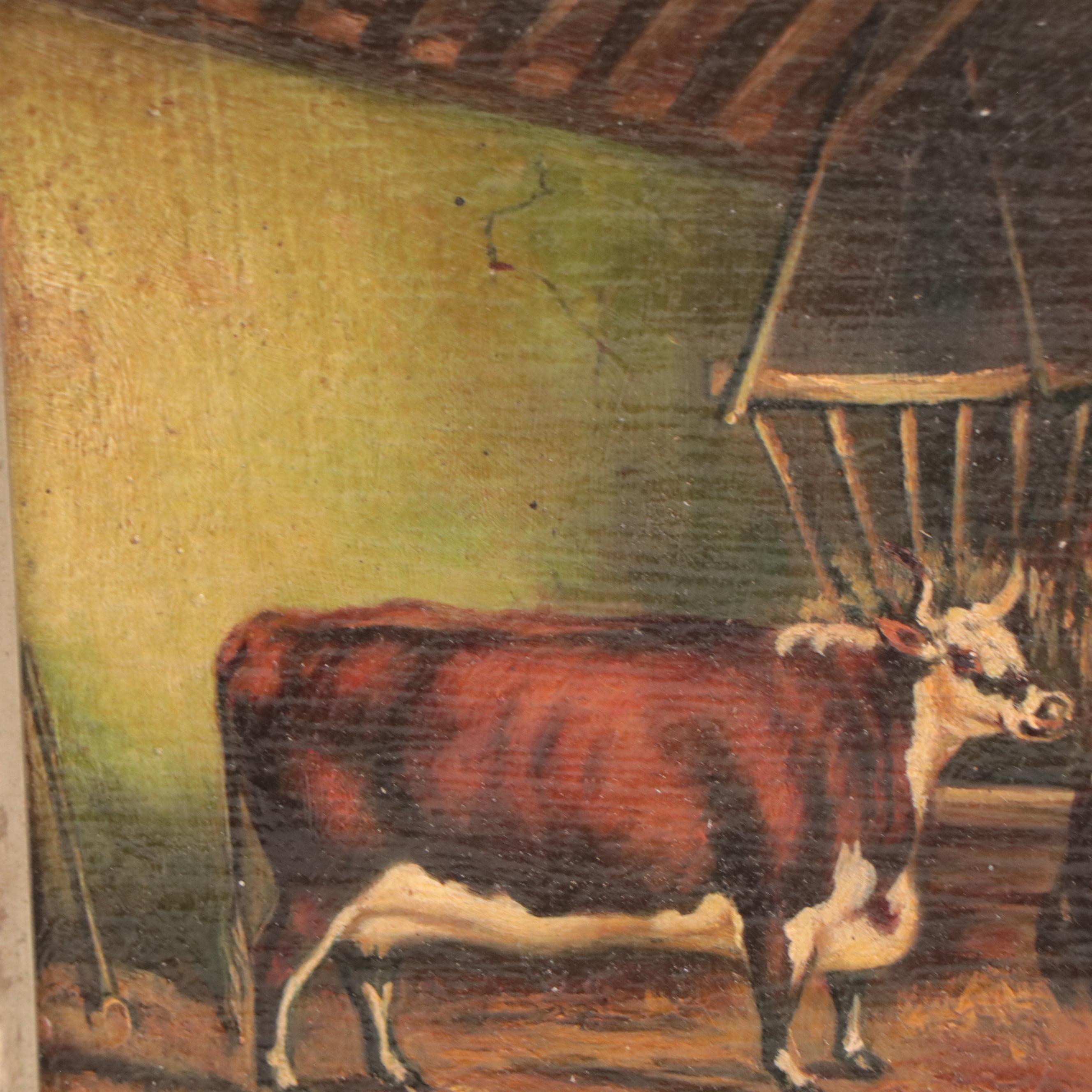 Oil Painting of Cows In Barn