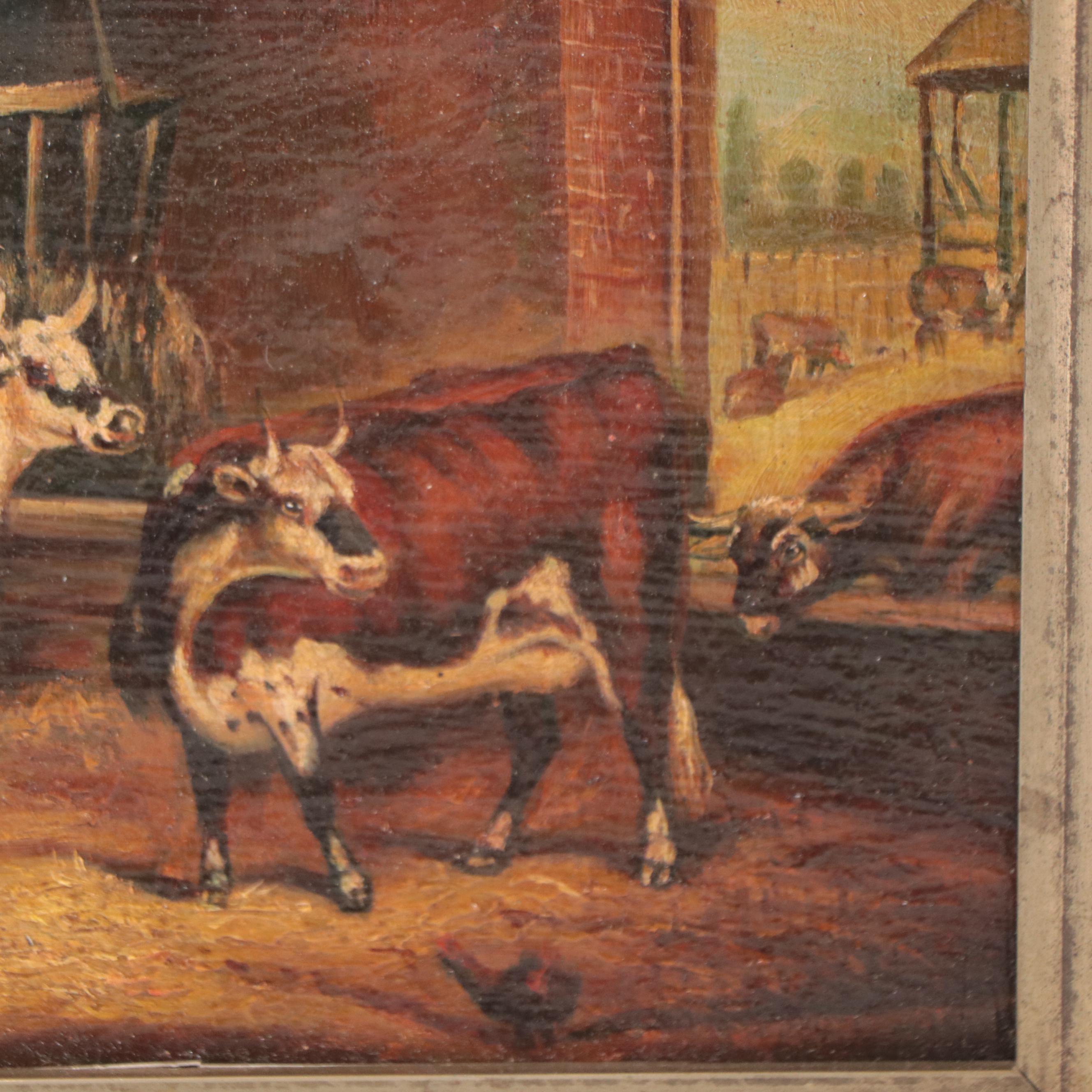 Oil Painting of Cows In Barn