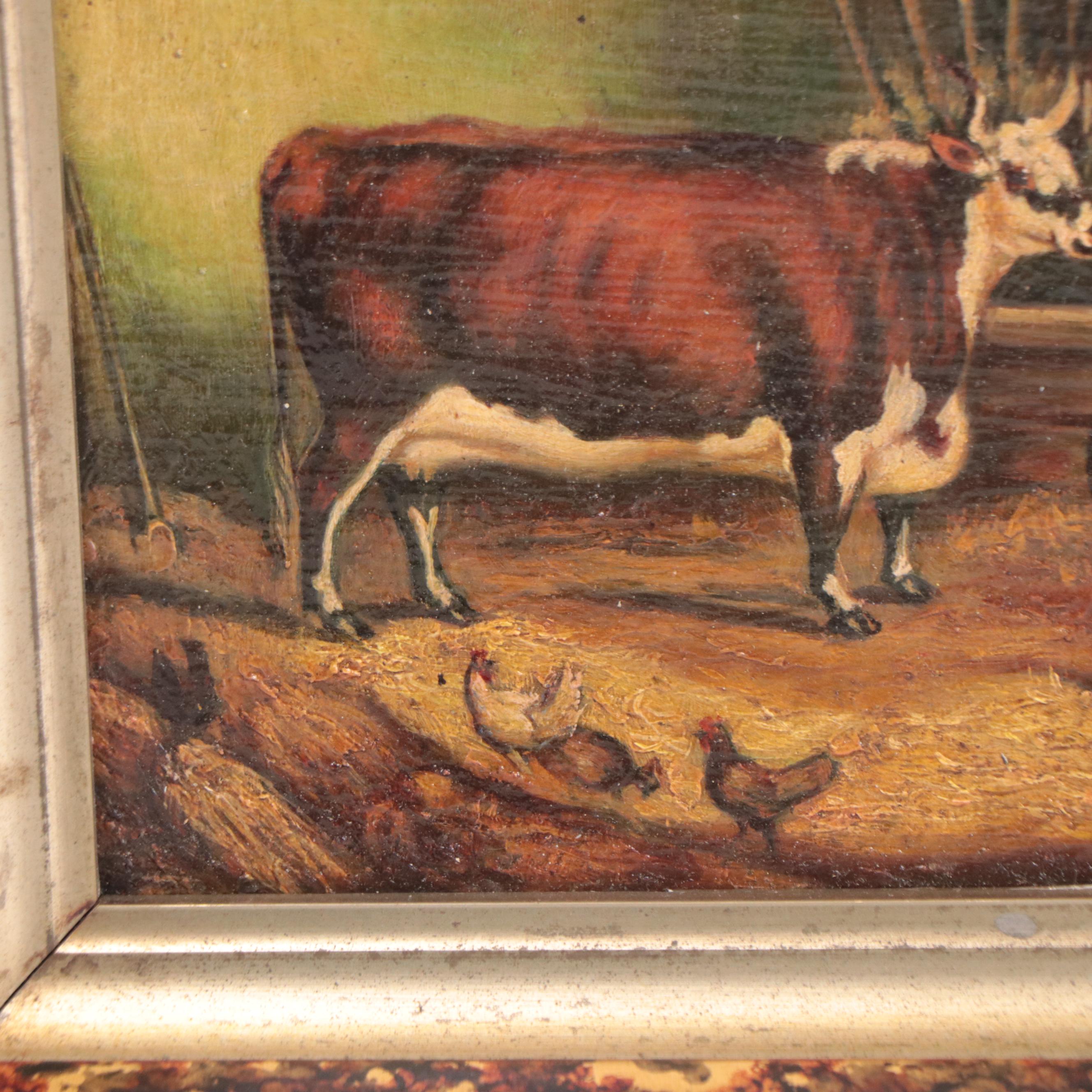 Oil Painting of Cows In Barn
