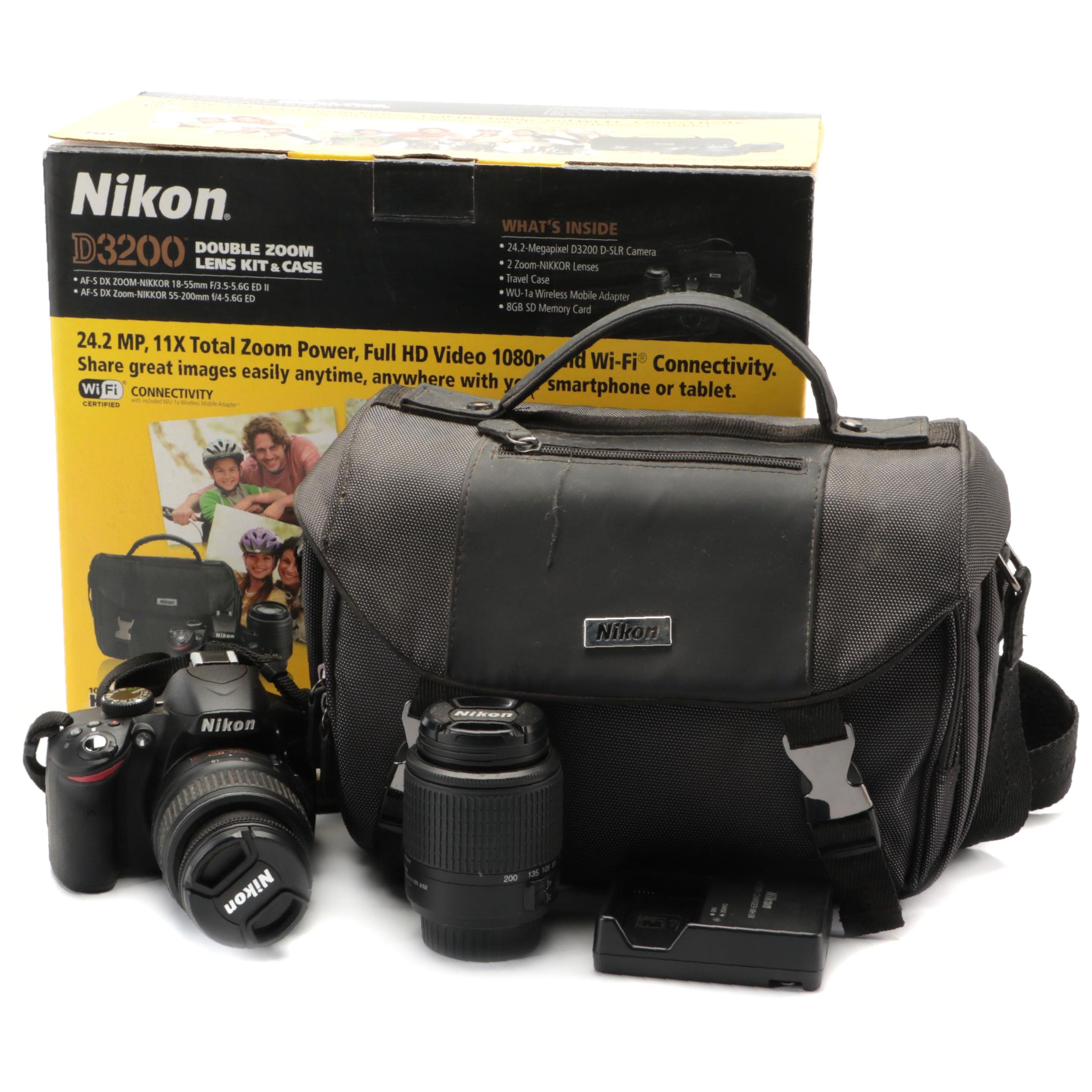 Nikon D3200 DSLR Camera, Double Zoom Lens Kit and Case