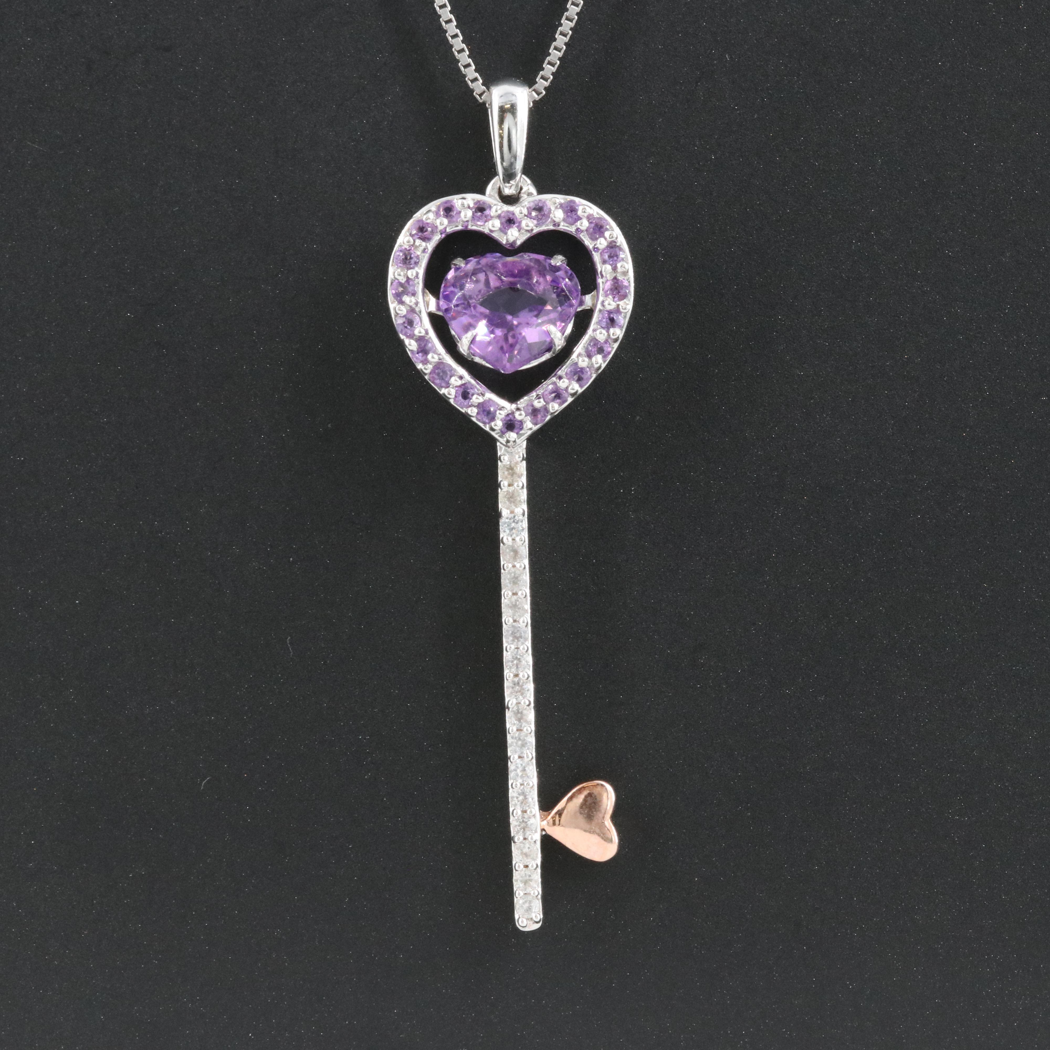 Sterling Amethyst and Sapphire Key Pendant Necklace
