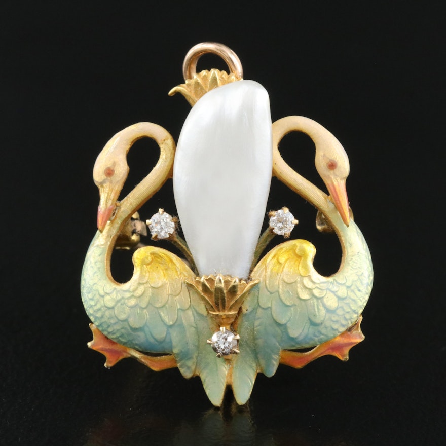 Art Nouveau Krementz 14K Pearl and Diamond Ronde Bosse Enamel Swan Brooch