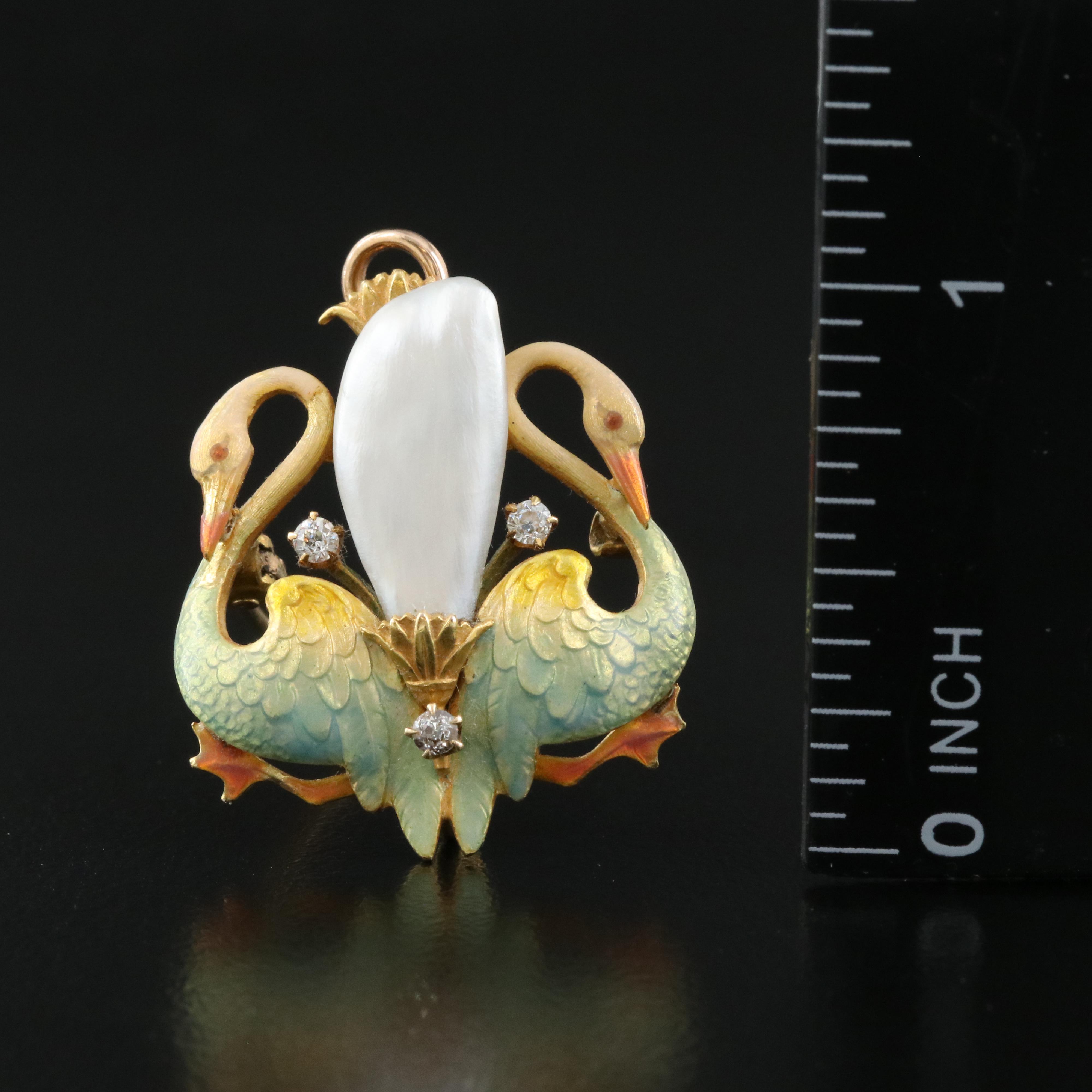 Art Nouveau Krementz 14K Pearl and Diamond Ronde Bosse Enamel Swan Brooch