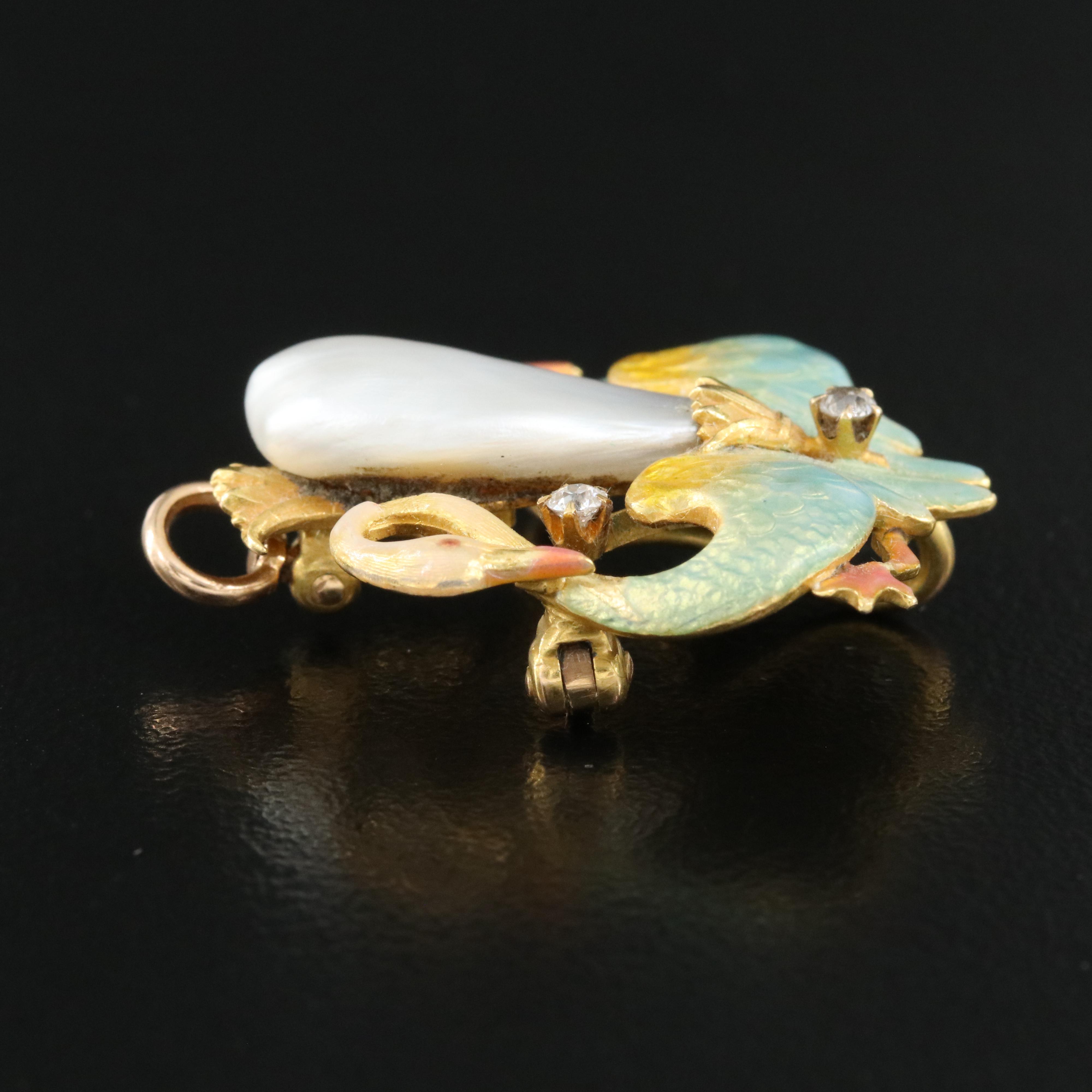 Art Nouveau Krementz 14K Pearl and Diamond Ronde Bosse Enamel Swan Brooch