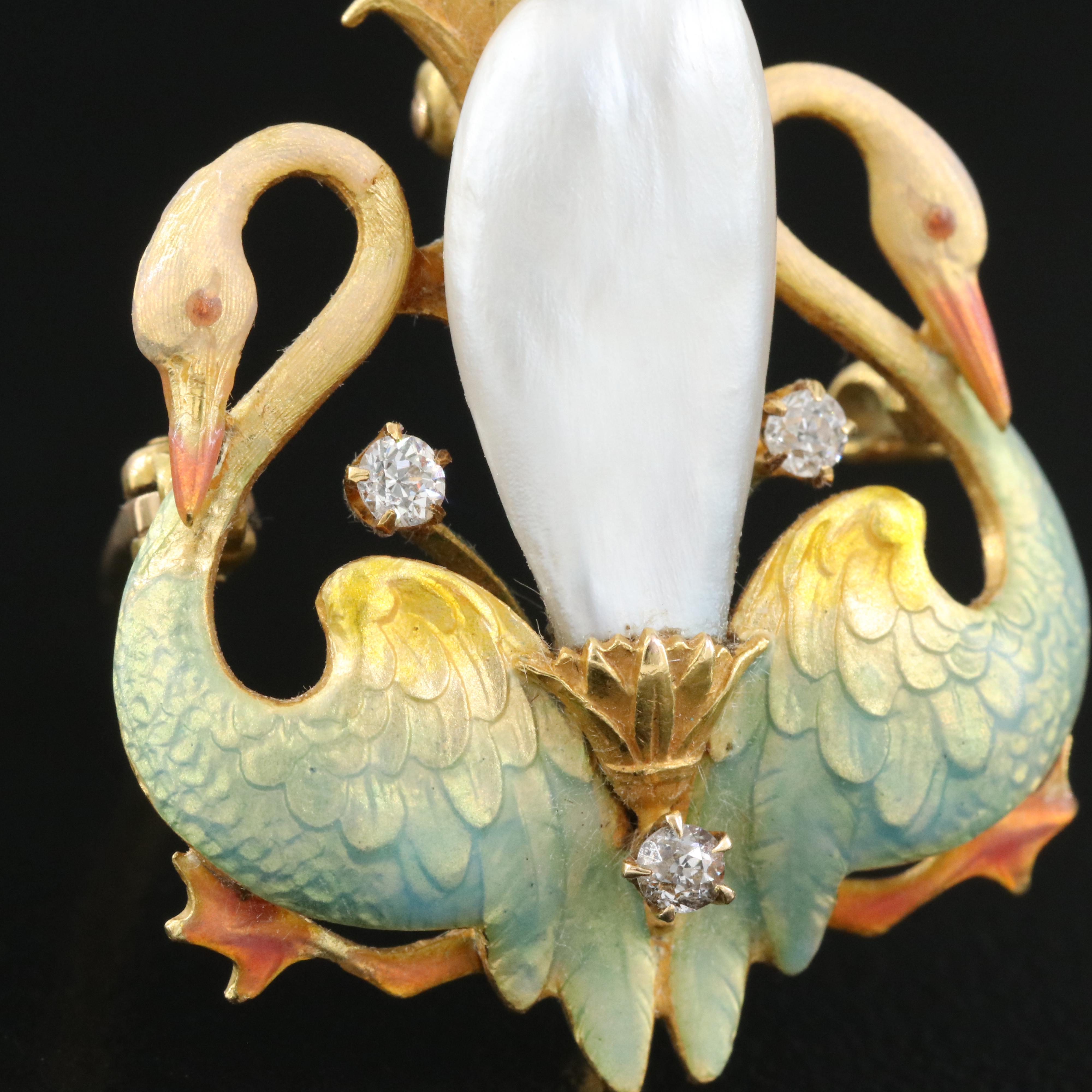 Art Nouveau Krementz 14K Pearl and Diamond Ronde Bosse Enamel Swan Brooch
