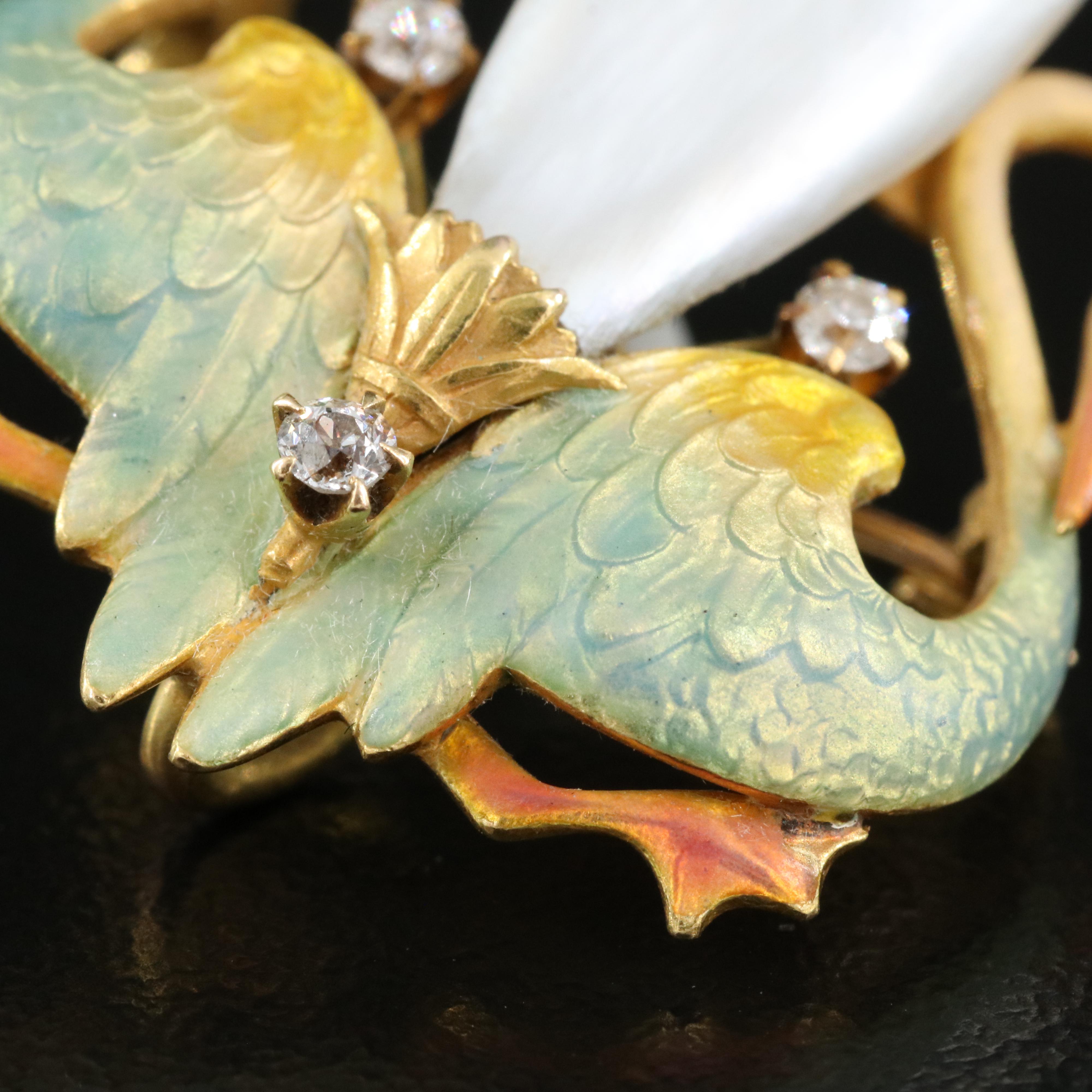 Art Nouveau Krementz 14K Pearl and Diamond Ronde Bosse Enamel Swan Brooch