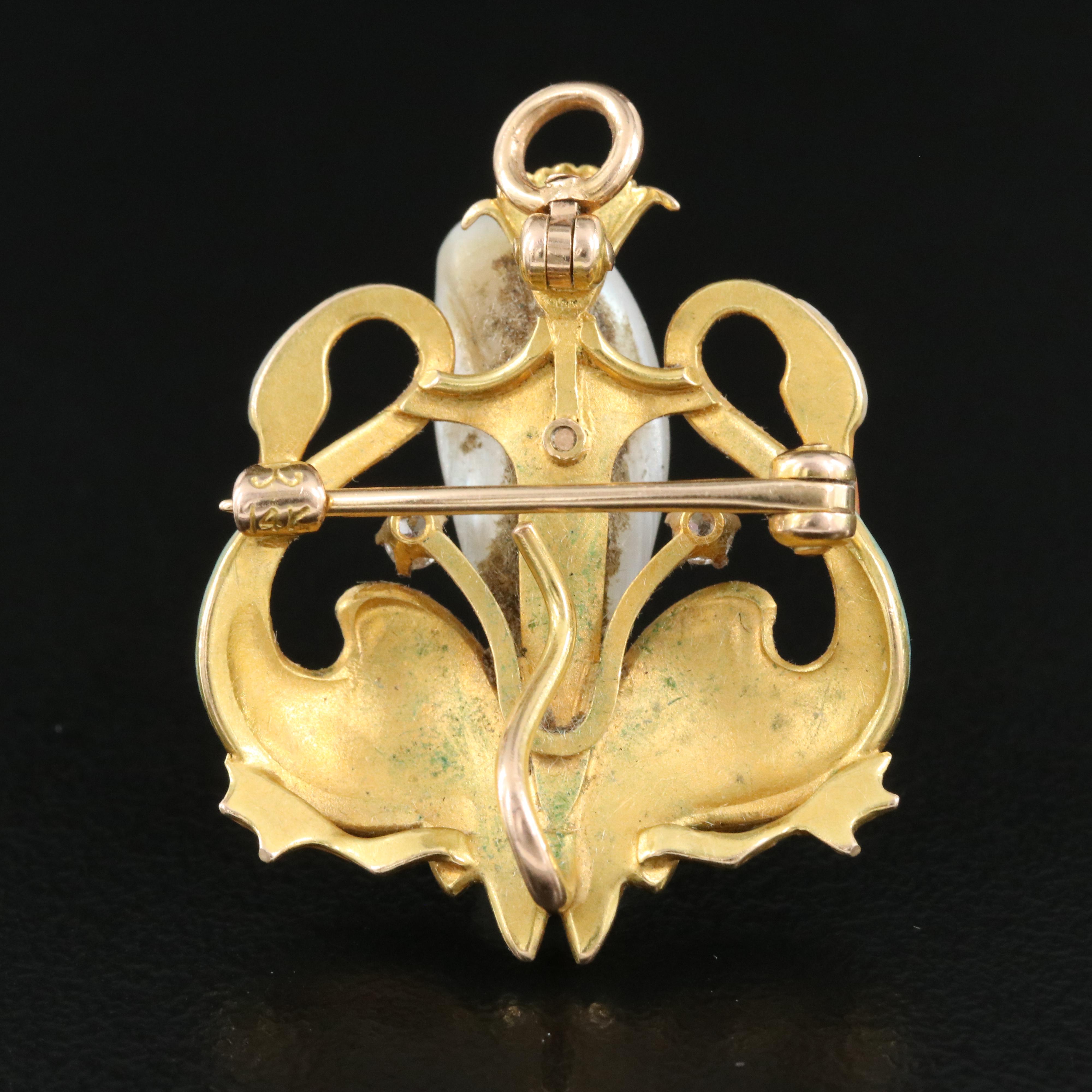 Art Nouveau Krementz 14K Pearl and Diamond Ronde Bosse Enamel Swan Brooch