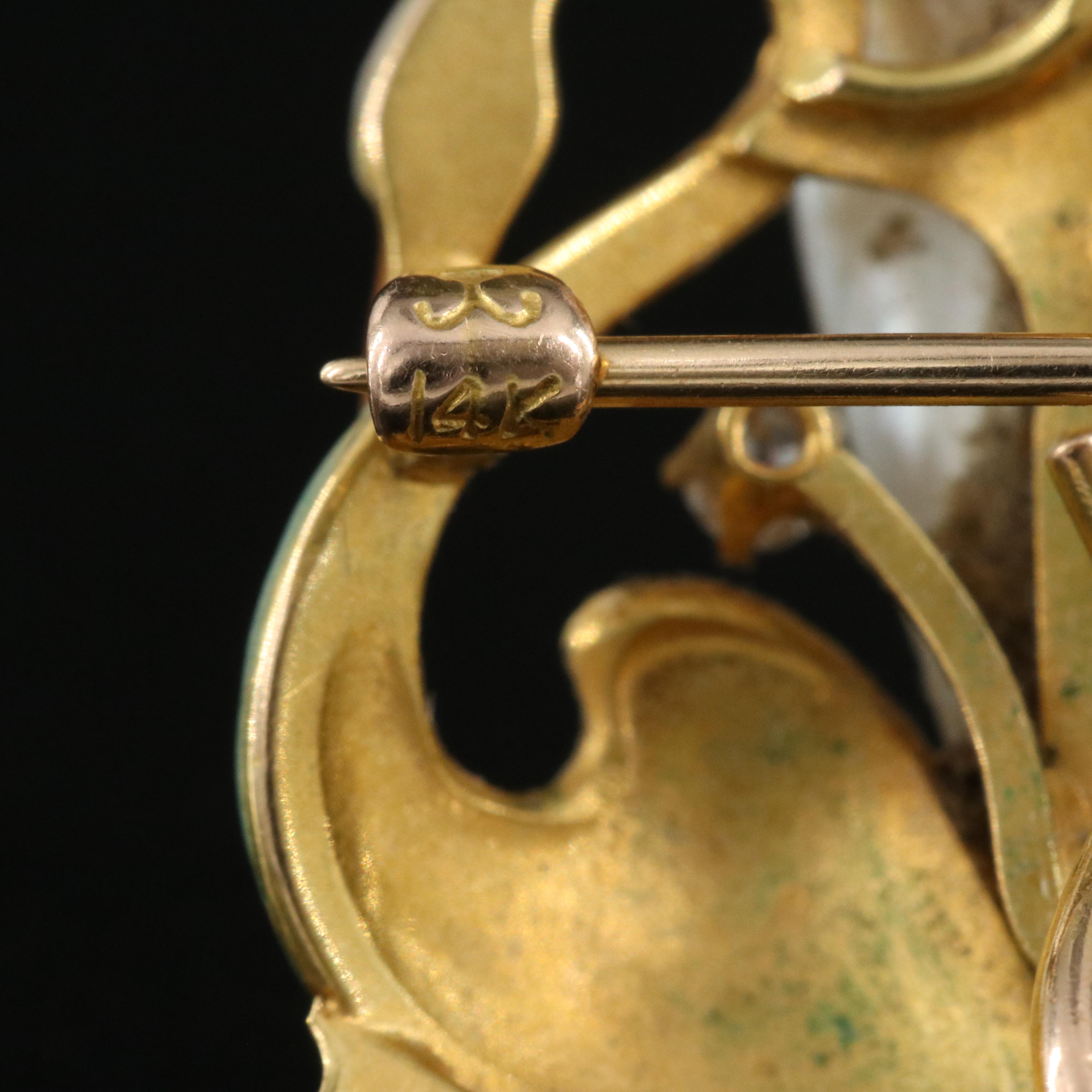 Art Nouveau Krementz 14K Pearl and Diamond Ronde Bosse Enamel Swan Brooch