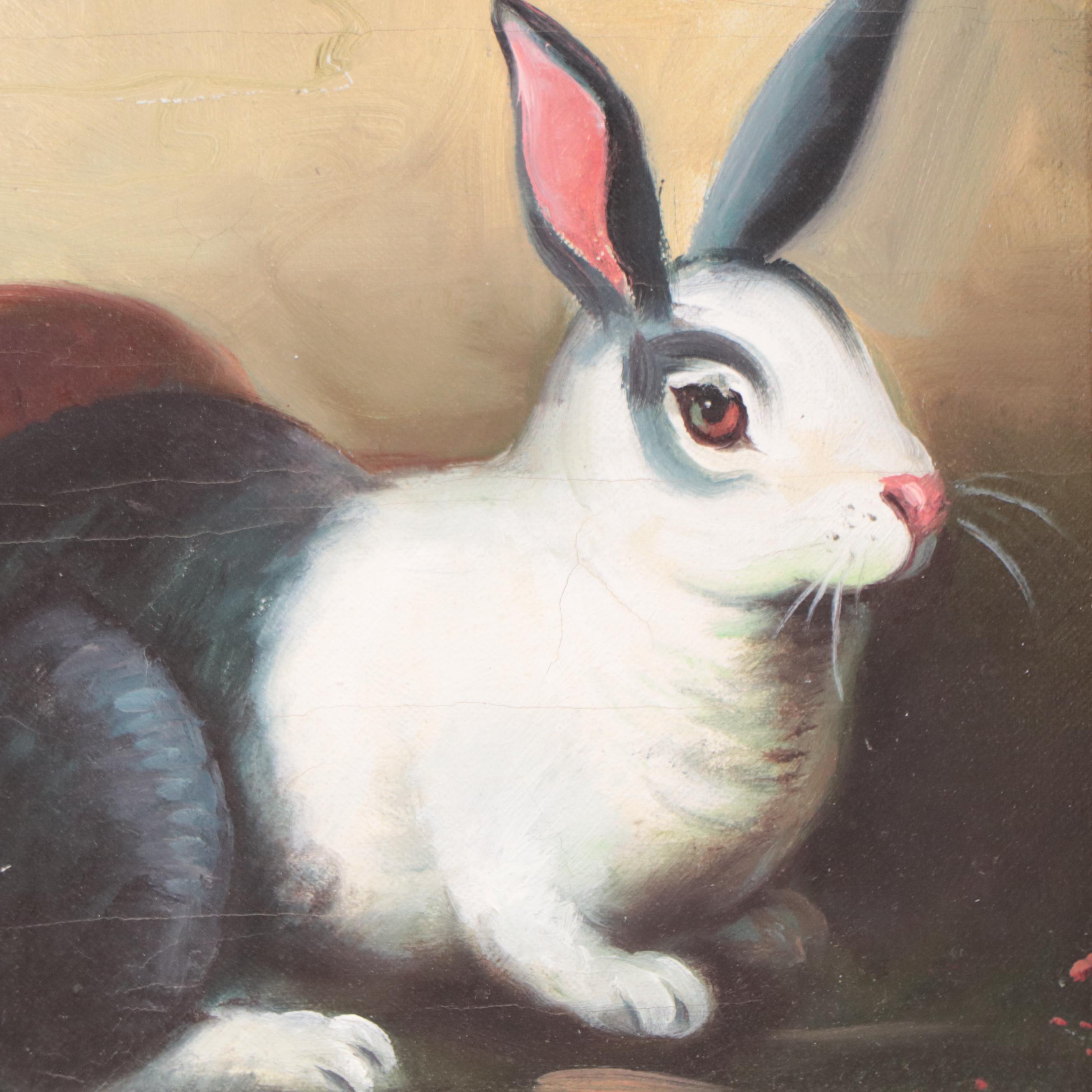 Folk Art Oil Painting of Rabbits