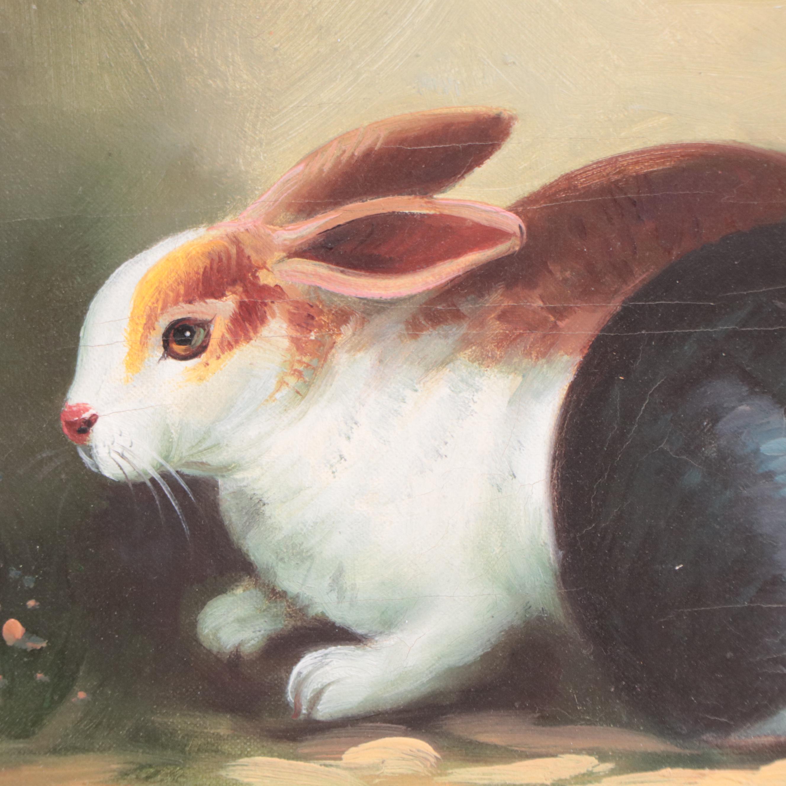 Folk Art Oil Painting of Rabbits