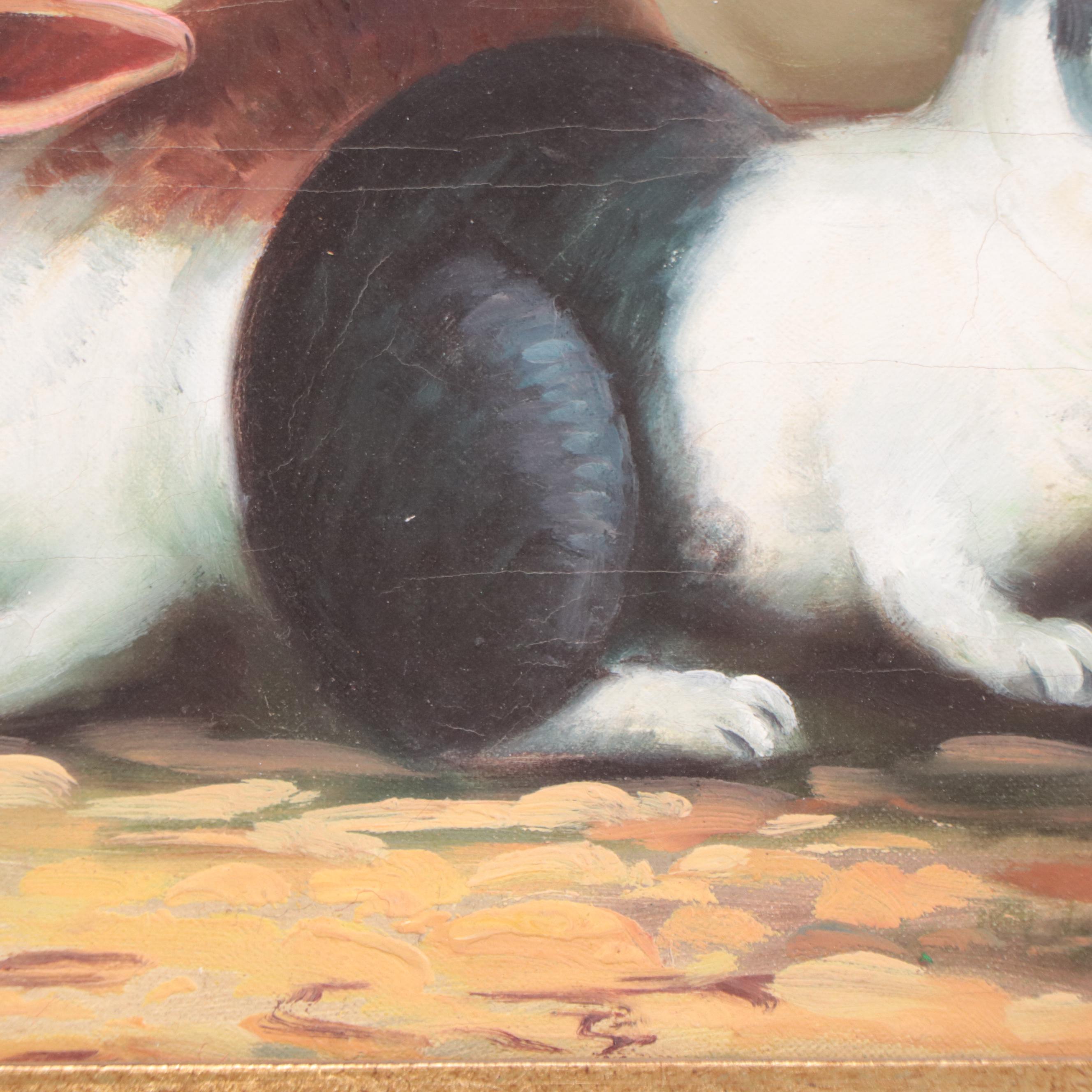 Folk Art Oil Painting of Rabbits
