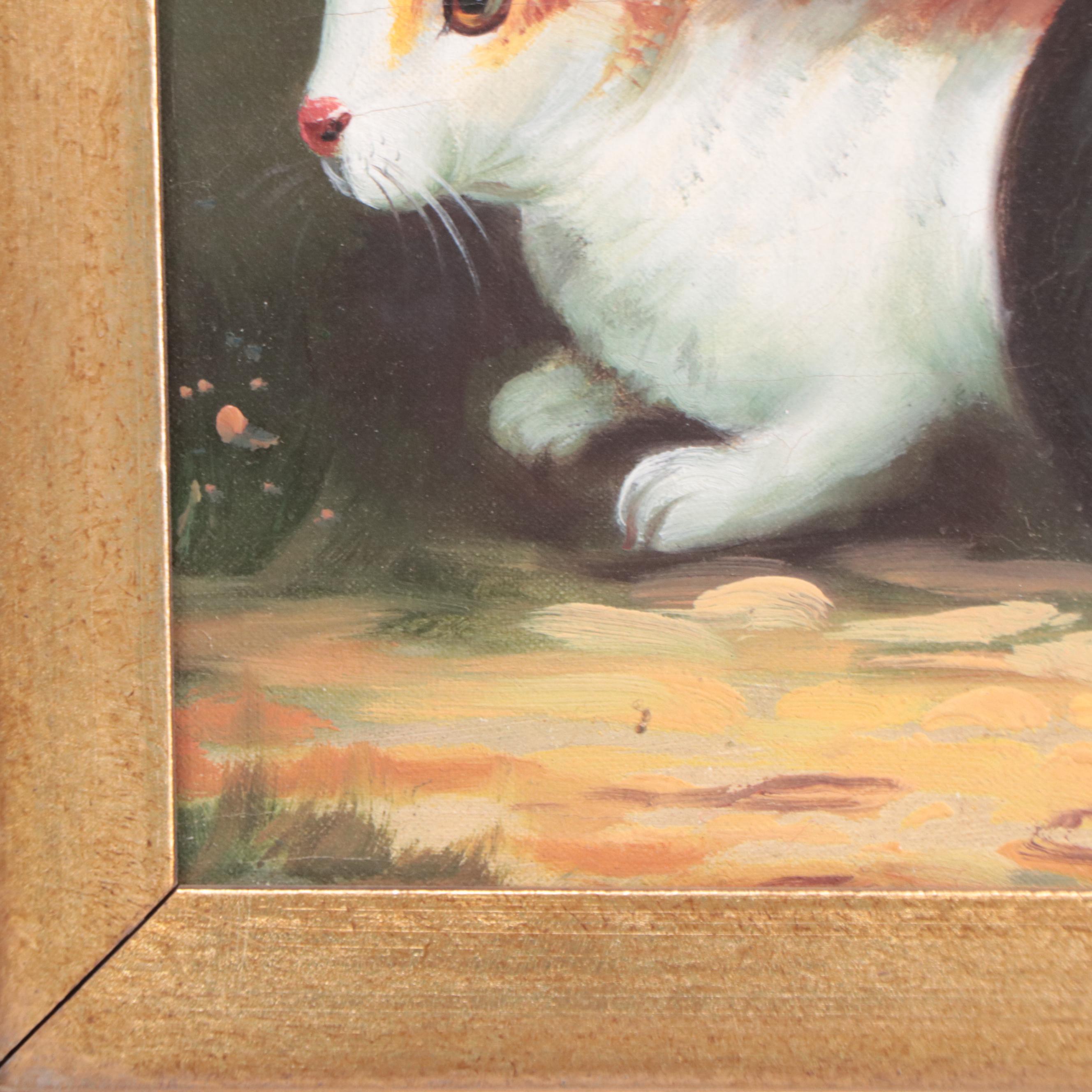 Folk Art Oil Painting of Rabbits