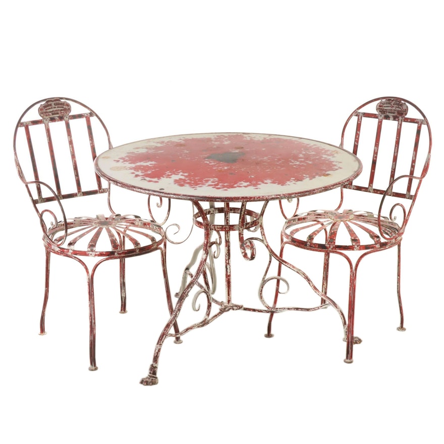 Distress Finished Patio Table With Two Bistro Chairs, Mid-20th Century