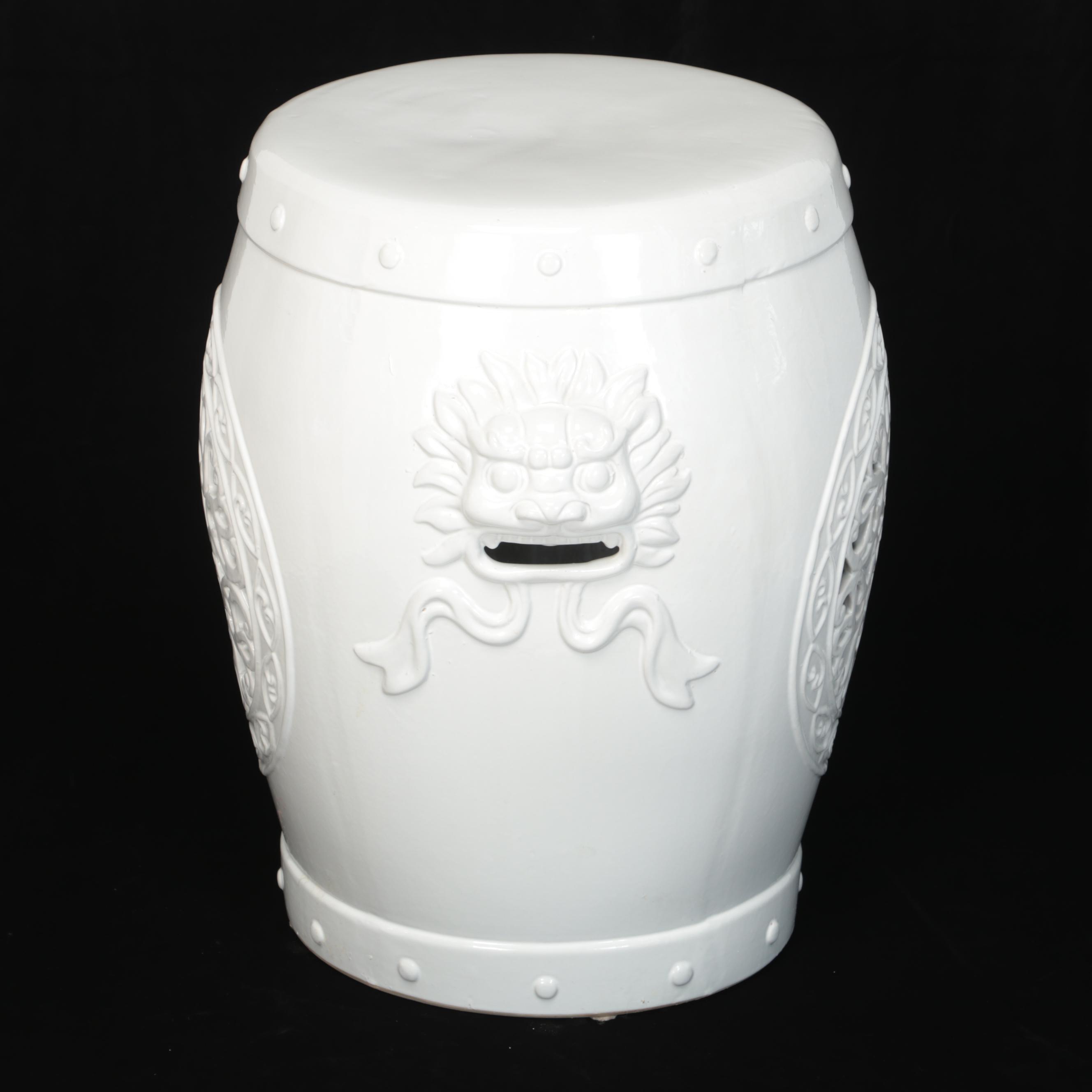 Chinese White Glazed Ceramic Garden Stool with Dragon Handles