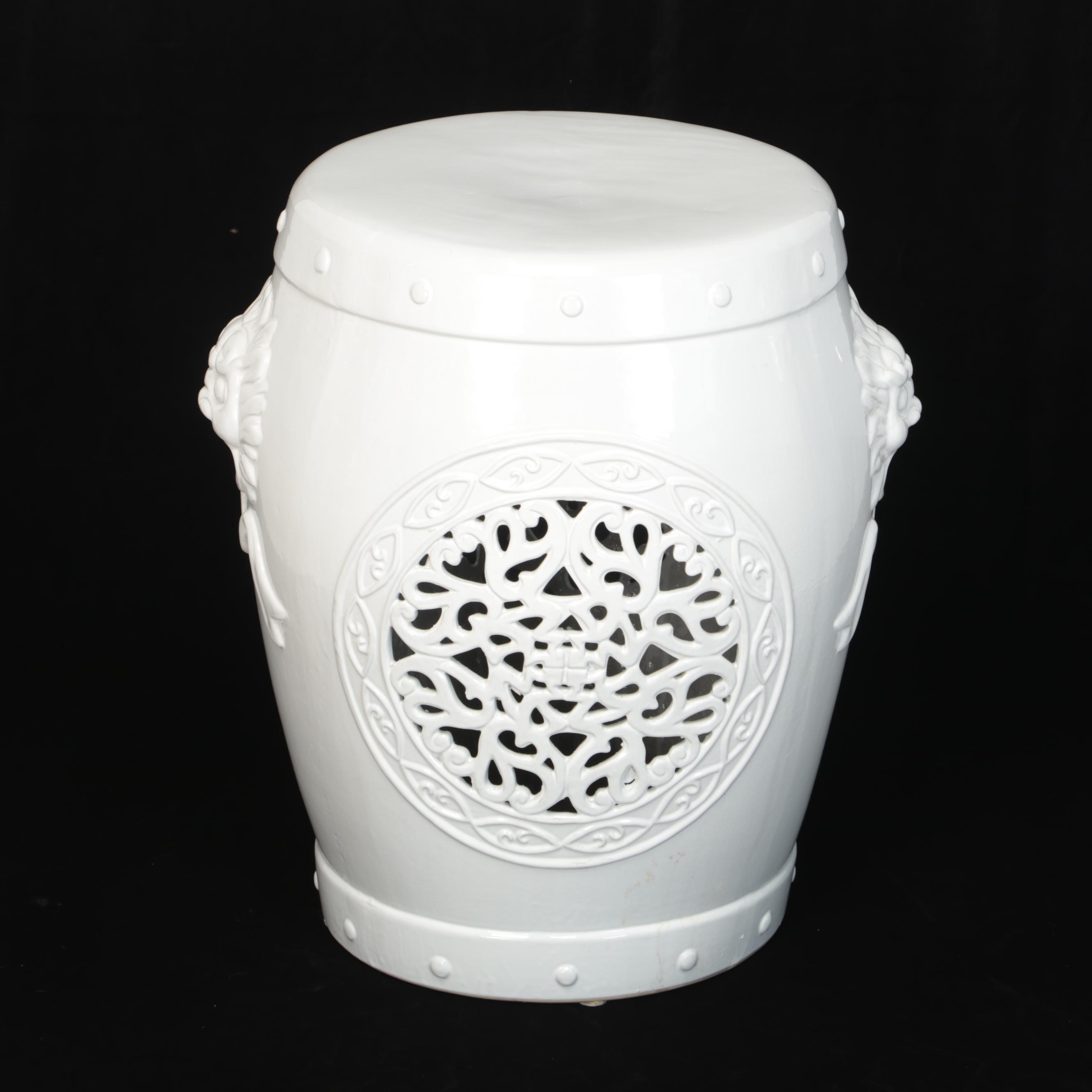 Chinese White Glazed Ceramic Garden Stool with Dragon Handles
